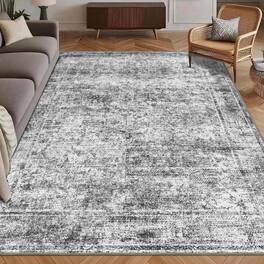 Fabibe - 8' X 10' Traditional Persian Machine Washable Wool WASHABLE AREA VINTAGE TRADITIONAL PERSIAN MAT FOLDABLE DISTRESSED - Graphite and Mist 3' x 5' (Rectangular)