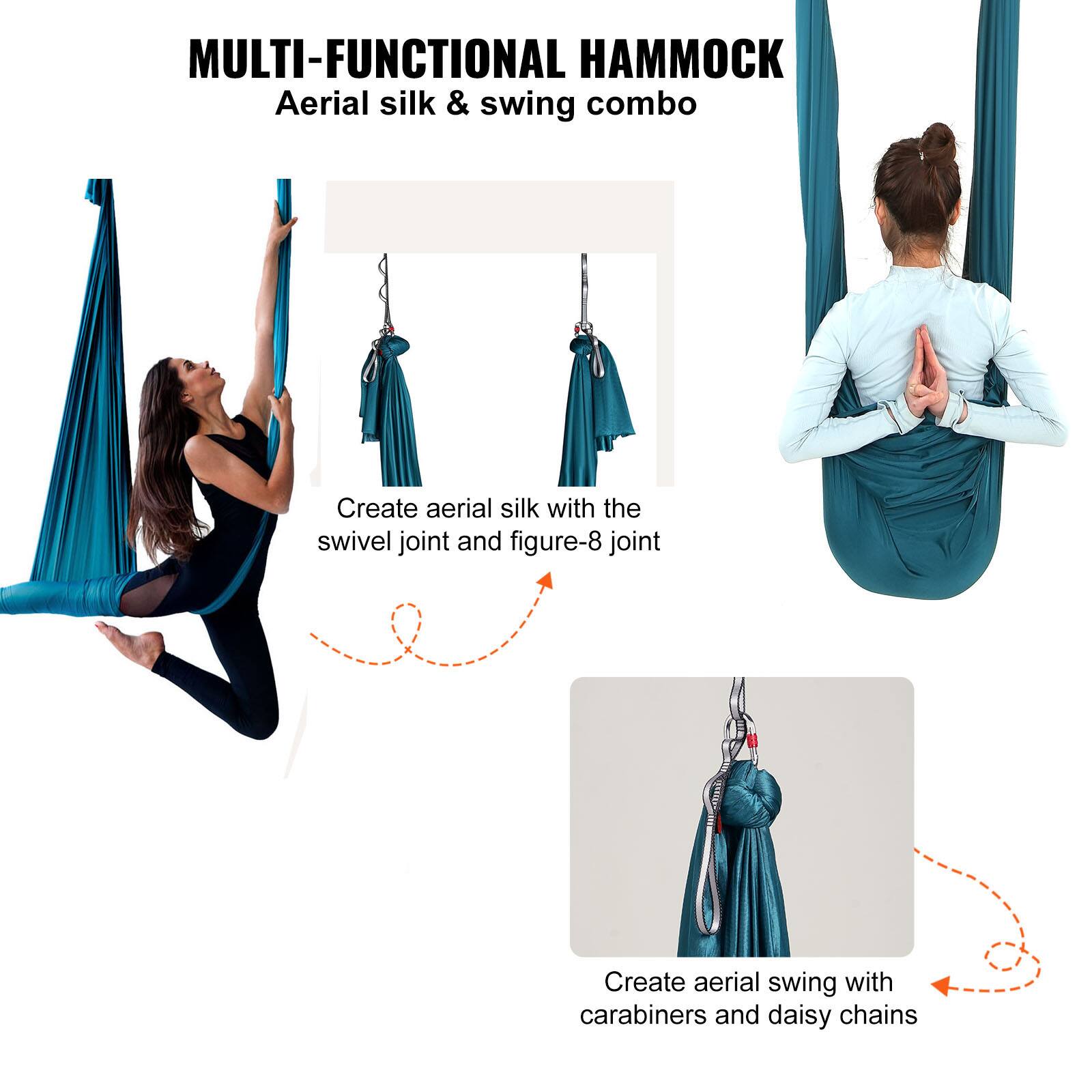 MULTI-FUNCTIONAL HAMMOCK  
Aerial silk & swing combo  

Create aerial silk with the swivel joint and figure-8 joint  

Create aerial swing with carabiners and daisy chains