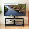 Ihomeadore - Wooden Rustic TV Stand Adjustable Height Universal Swivel Entertainment Center With Tempered Glass - Black