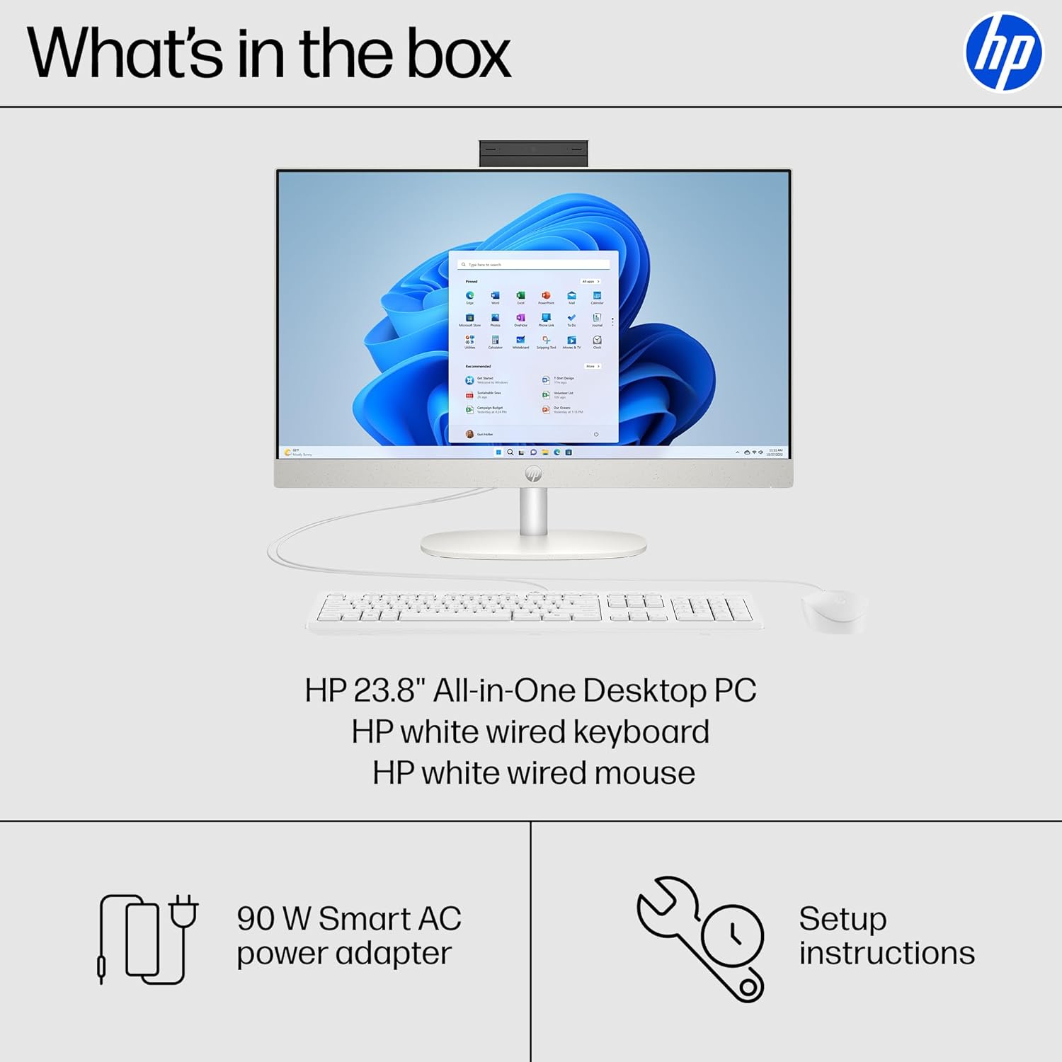 What's in the box

- HP 23.8" All-in-One Desktop PC
- HP white wired keyboard
- HP white wired mouse
- 90 W Smart AC power adapter
- Setup instructions