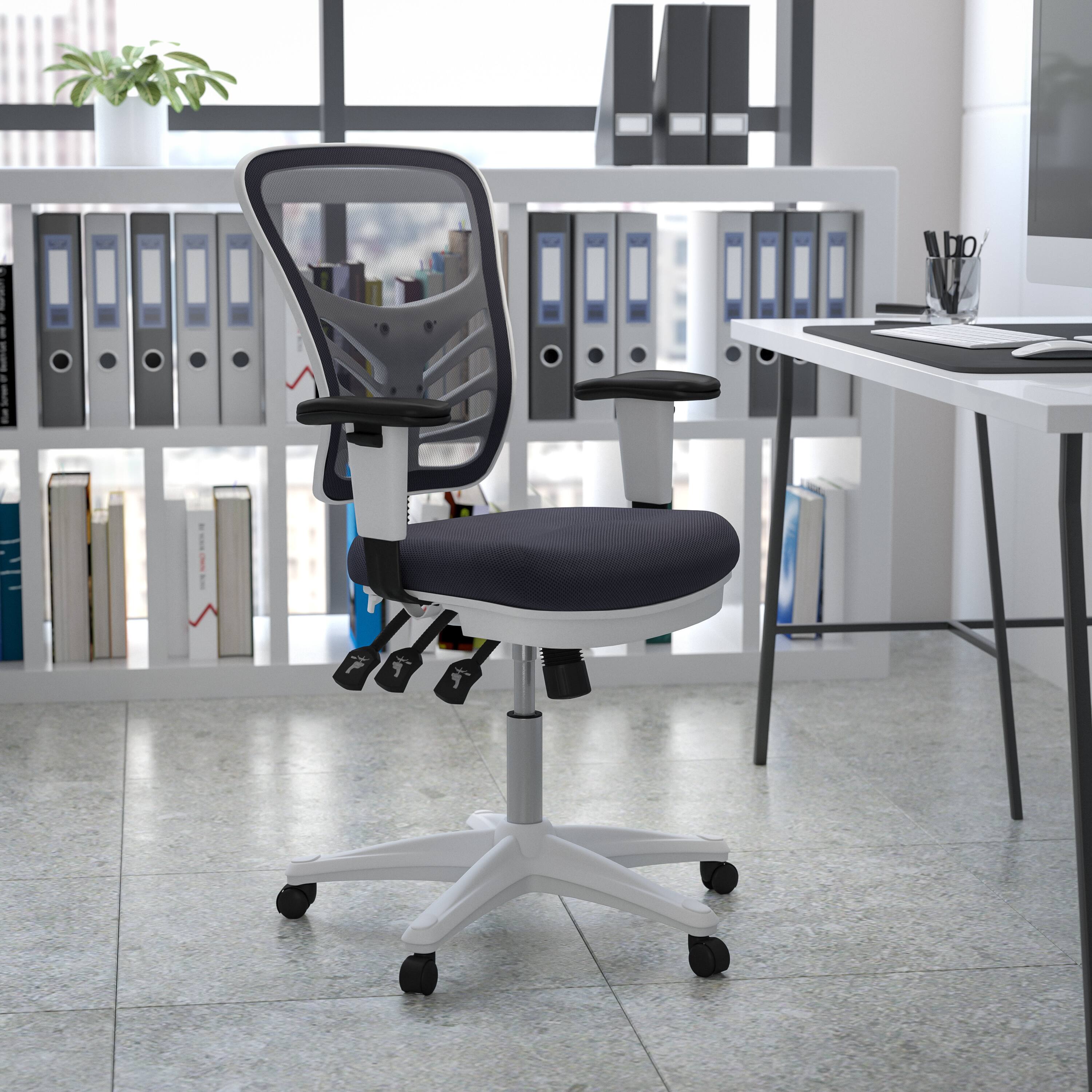 Alt View 1. Emma + Oliver - Mid-Back Mesh Triple Paddle Swivel Ergonomic Office Chair with Adjustable Arms - Dark Gray Mesh/White Frame.