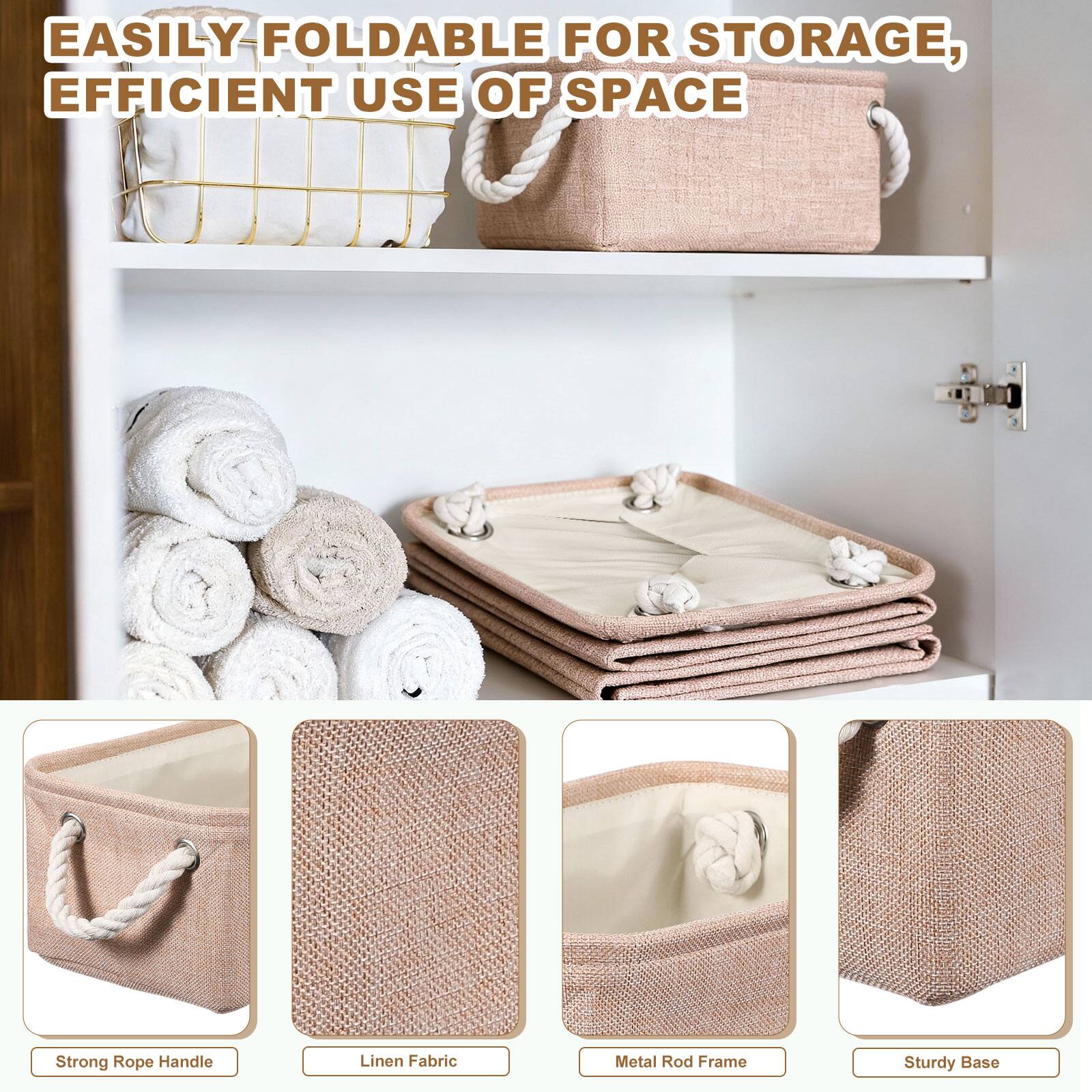 EASILY FOLDABLE FOR STORAGE, EFFICIENT USE OF SPACE

Strong Rope Handle
Linen Fabric
Metal Rod Frame
Sturdy Base