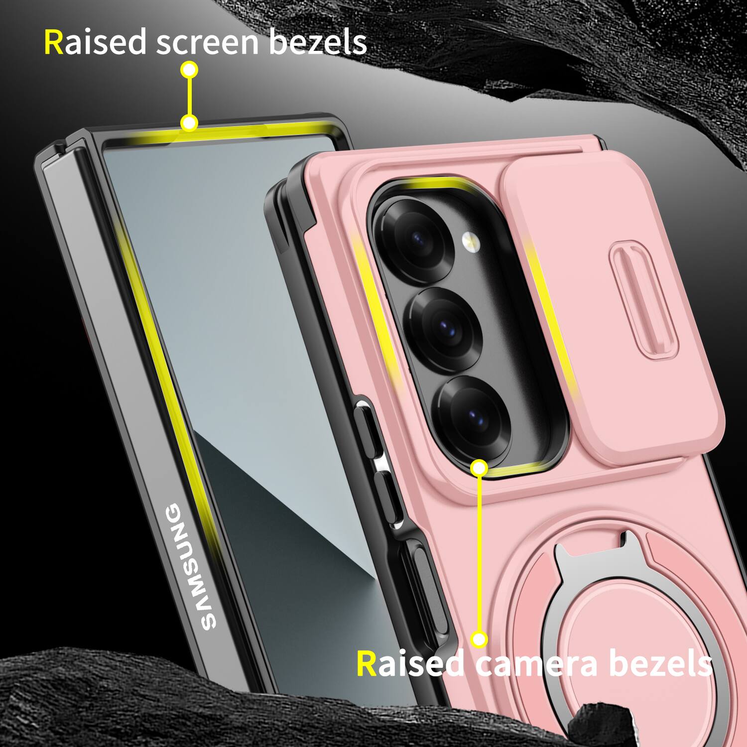 Raised screen bezels  
SAMSUNG  
Raised camera bezels