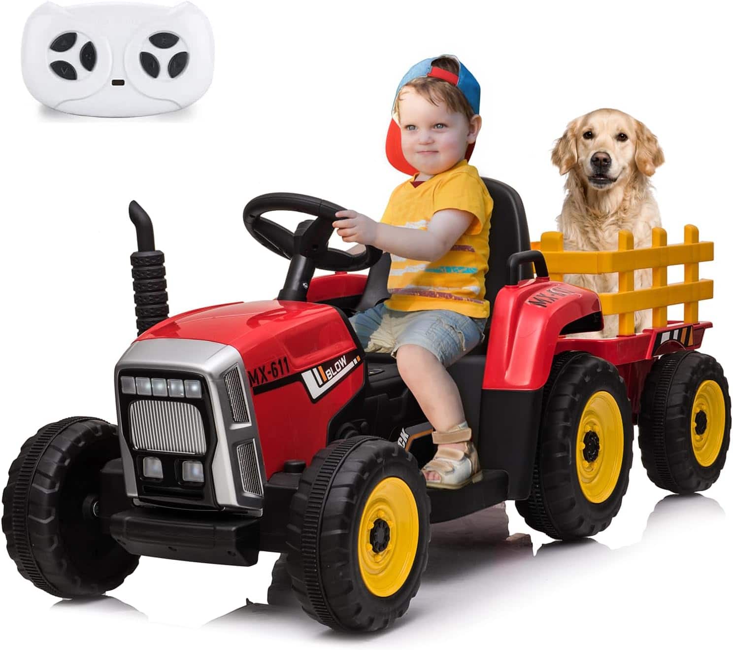 Homhougo - 12V Kids Ride On Tractor with Trailer & Remote Control, LED Headlights, Music