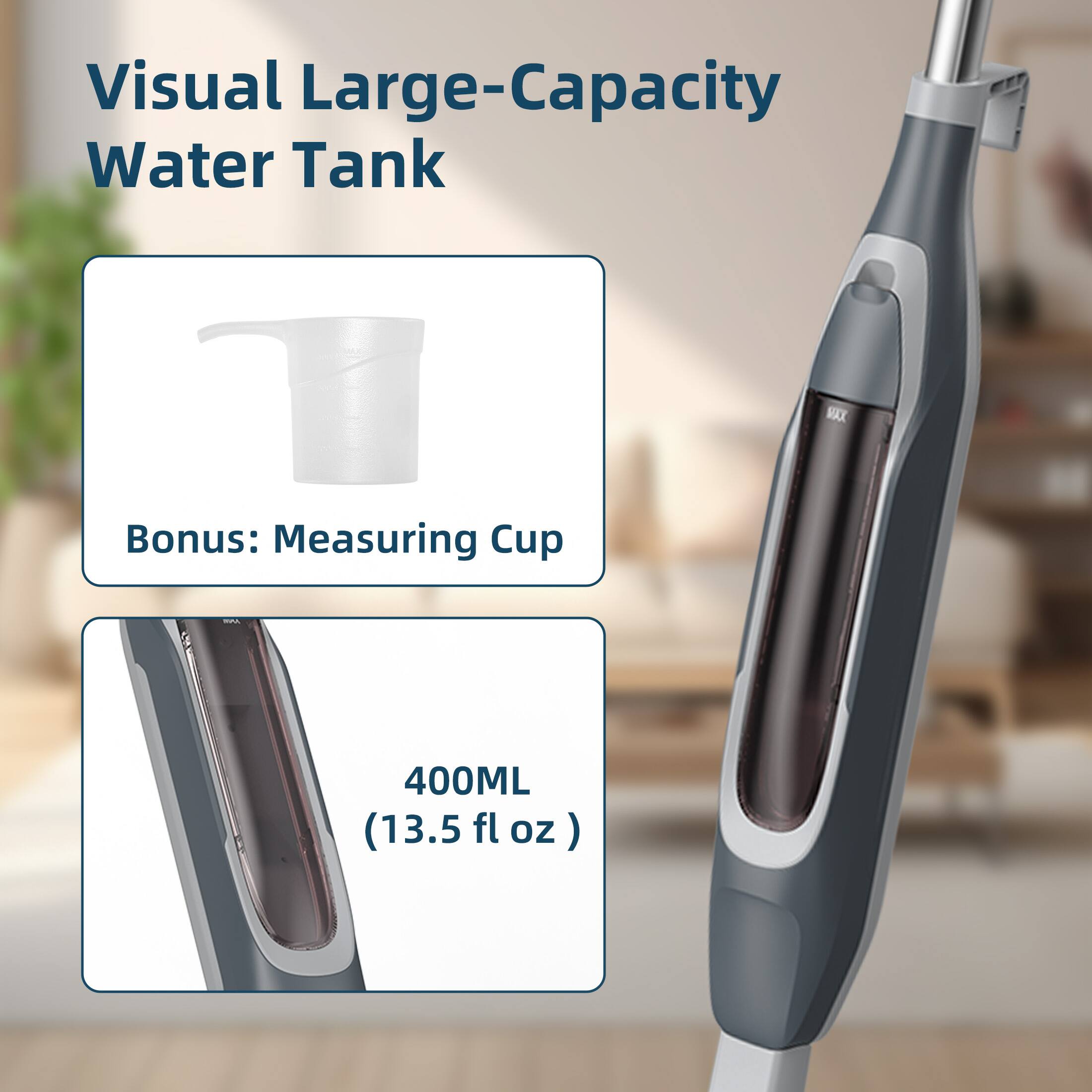 Visual Large-Capacity Water Tank  
Bonus: Measuring Cup  
MAX  
400ML (13.5 fl oz)