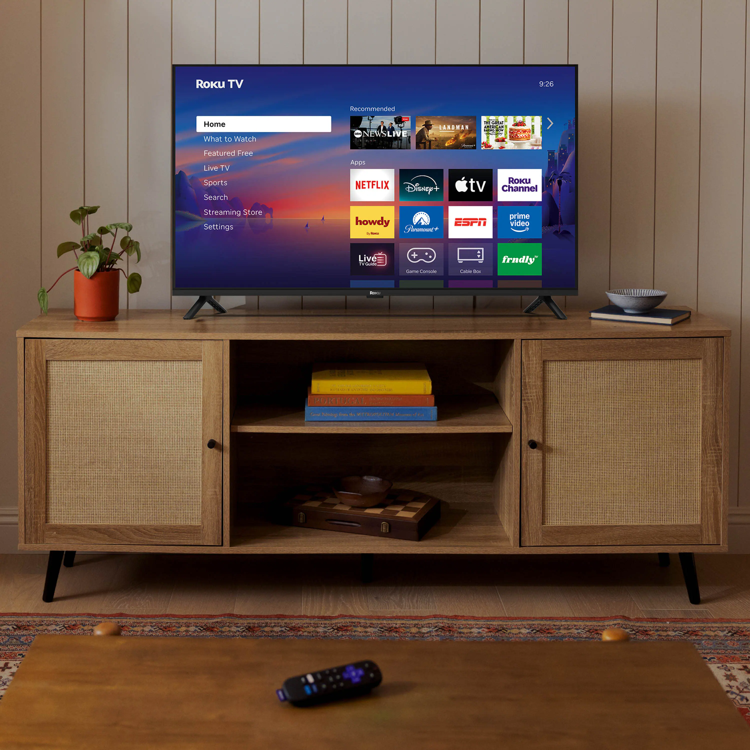 Roku TV  
9:26  
Recommended  
Home  
What to Watch  
Featured Free  
Live TV  
Sports  
Search  
Streaming Store  
Settings  

Apps:  
Netflix  
Disney+  
Apple TV  
Roku Channel  
prime video  
howdy  
ESPN  
Live  
fradly  
ONN LIVE  
ROKU NETFLIX  
Disney+  
tv Channel  
Streaming Store  
Settings  
howdy  
ESPN  
prime video  
Live  
fradly  
PORTUGAL  
hew