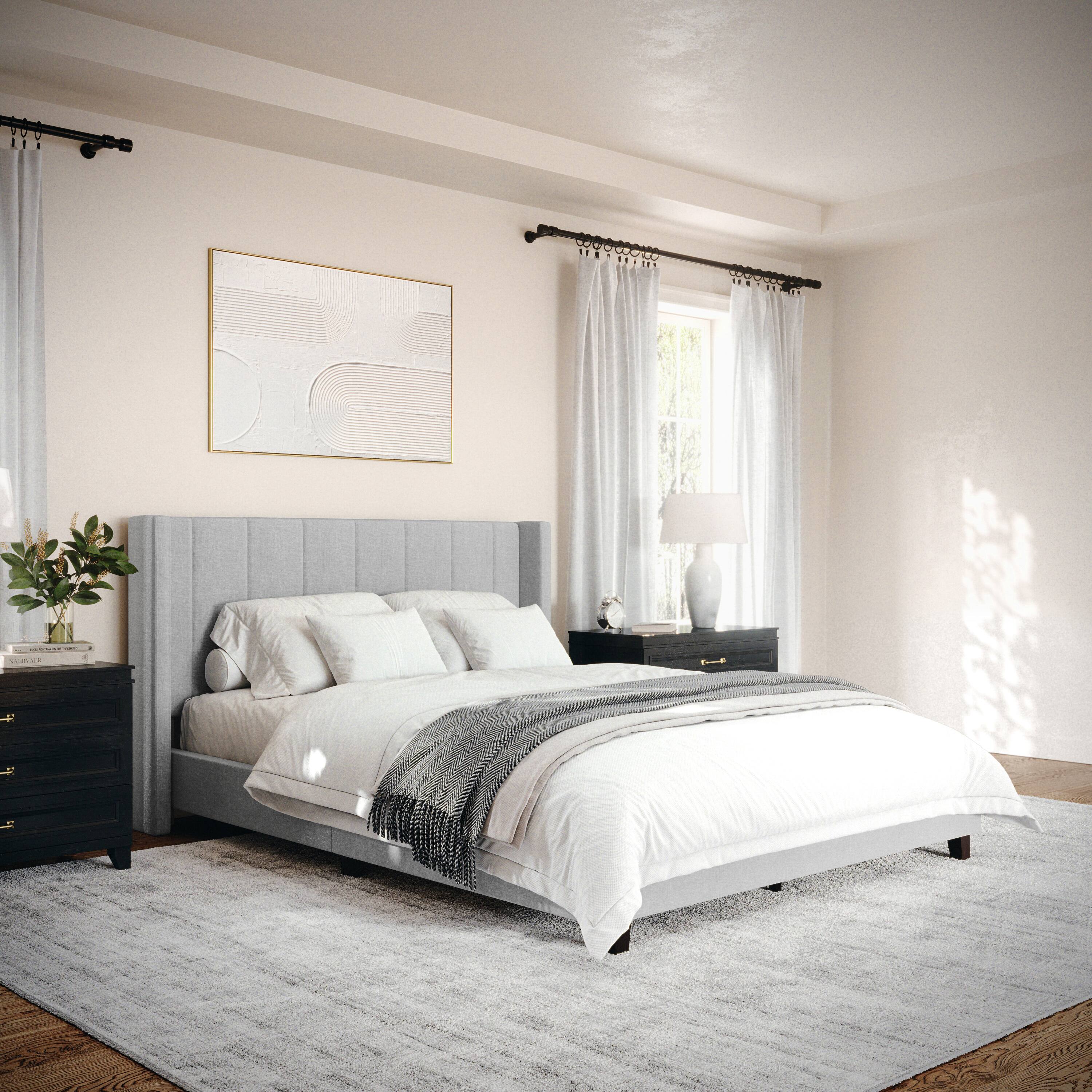 Alt View 14. Martha Stewart - Kay Faux Linen Queen Size Platform Bed with Channel Stitched Headboard - Gray Fabric/Black Legs.