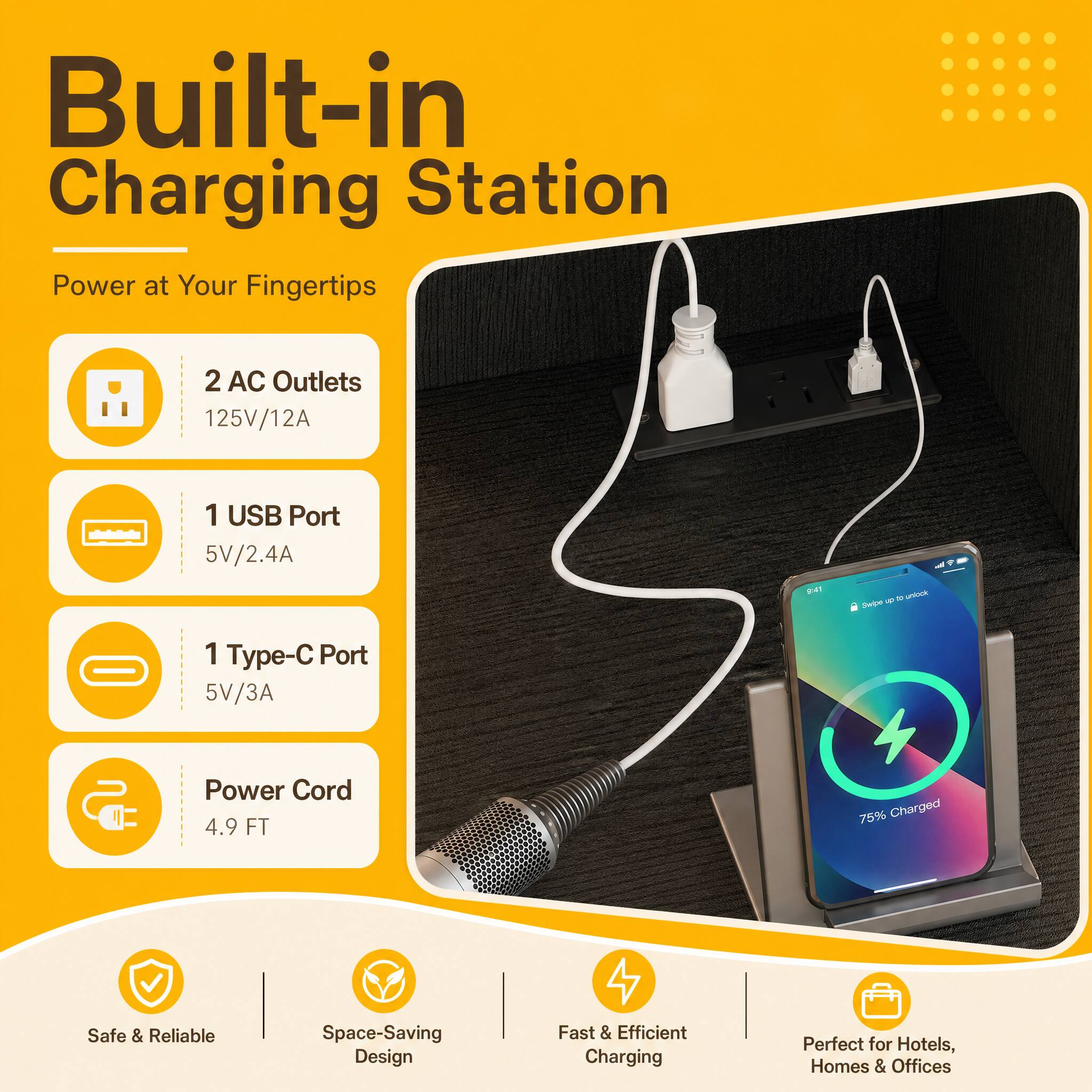 Built-in Charging Station  
Power at Your Fingertips

- 2 AC Outlets 125V/12A
- 1 USB Port 5V/2.4A
- 1 Type-C Port 5V/3A
- Power Cord 4.9 FT

75% Charged

Safe & Reliable  
Space-Saving Design  
Fast & Efficient Charging  
Perfect for Hotels, Homes & Offices