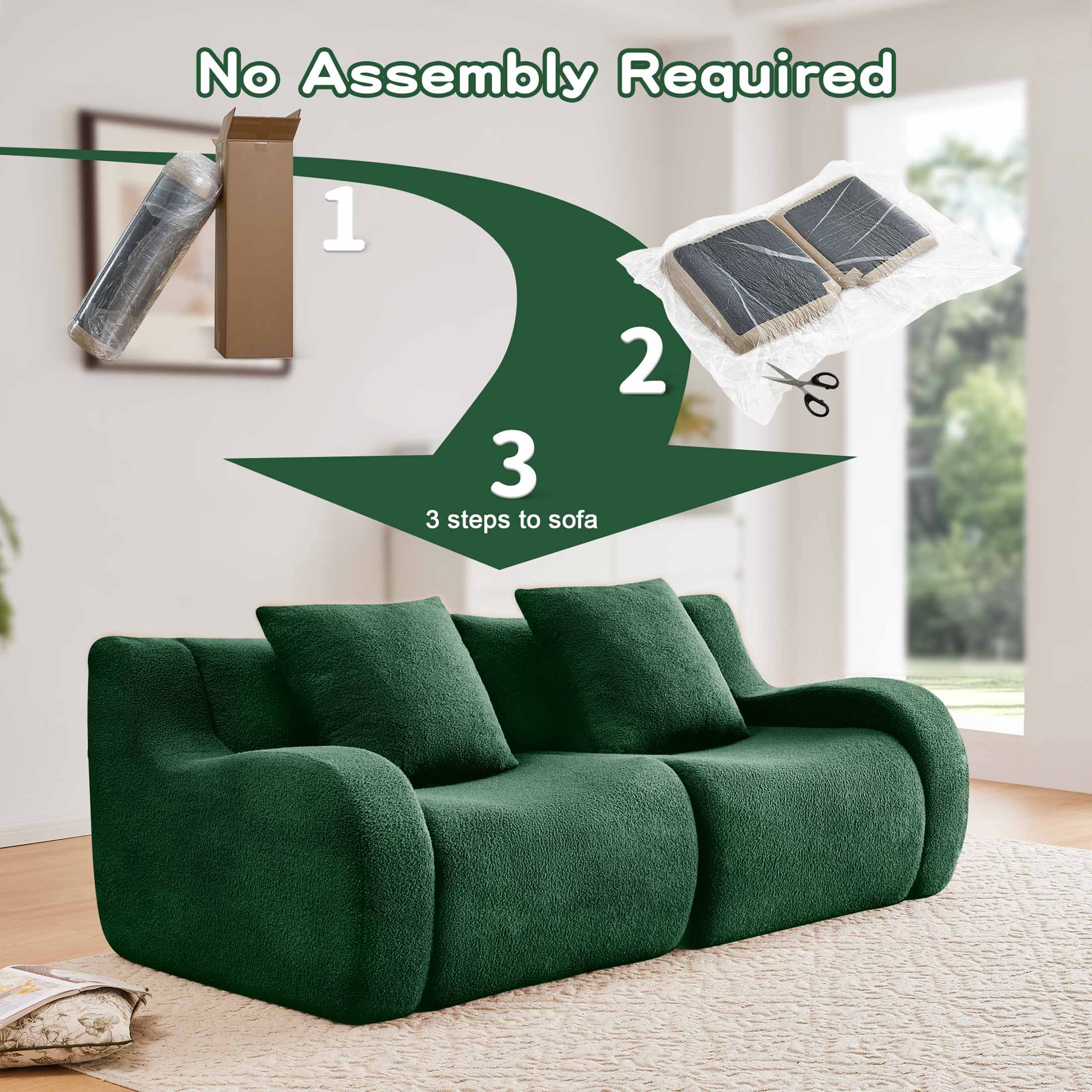 No Assembly Required

1. Unpack the sofa cover
2. Cut open the packaging
3. Place the sofa cover on the sofa

3 steps to sofa
