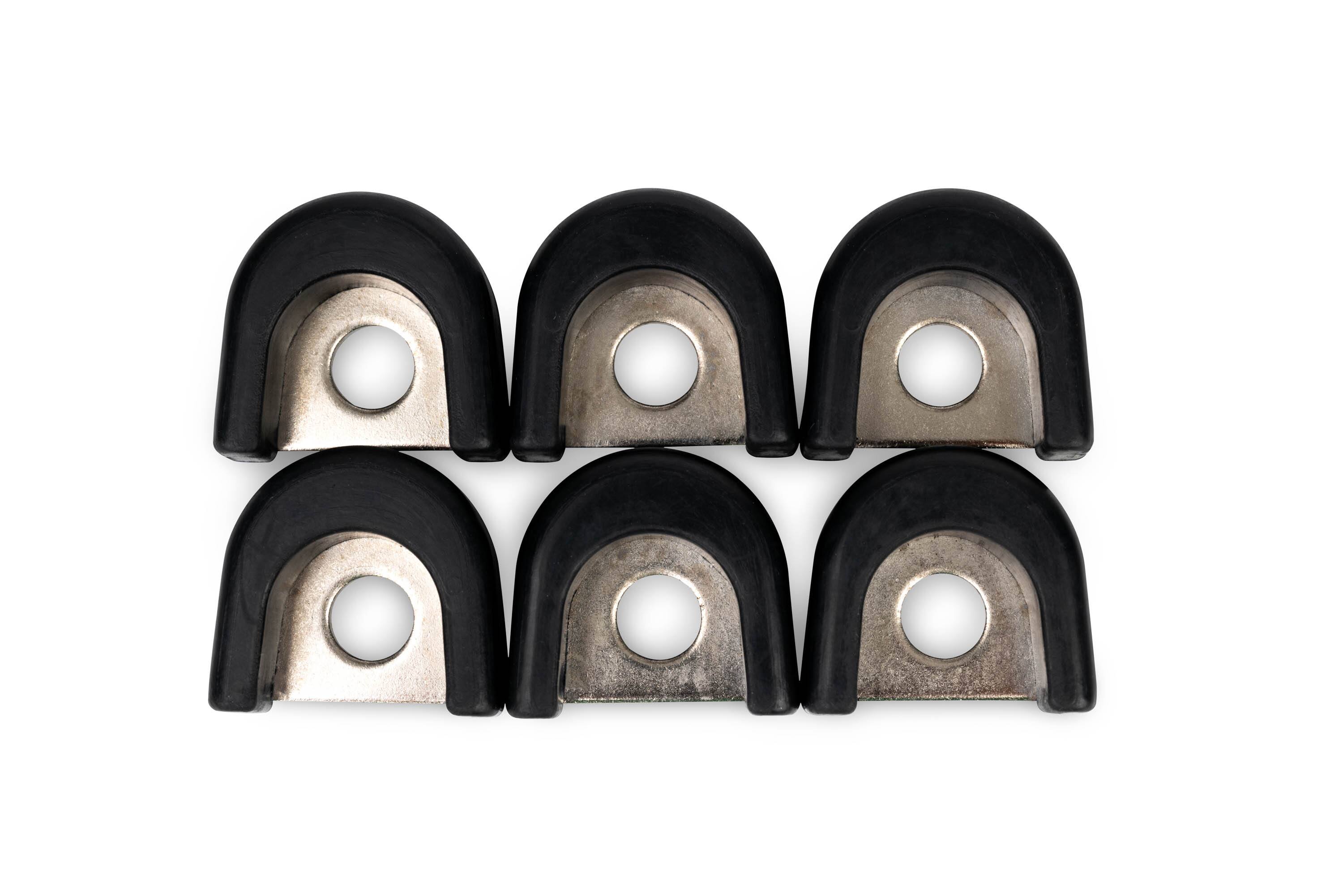 The image shows six black and silver metal brackets.