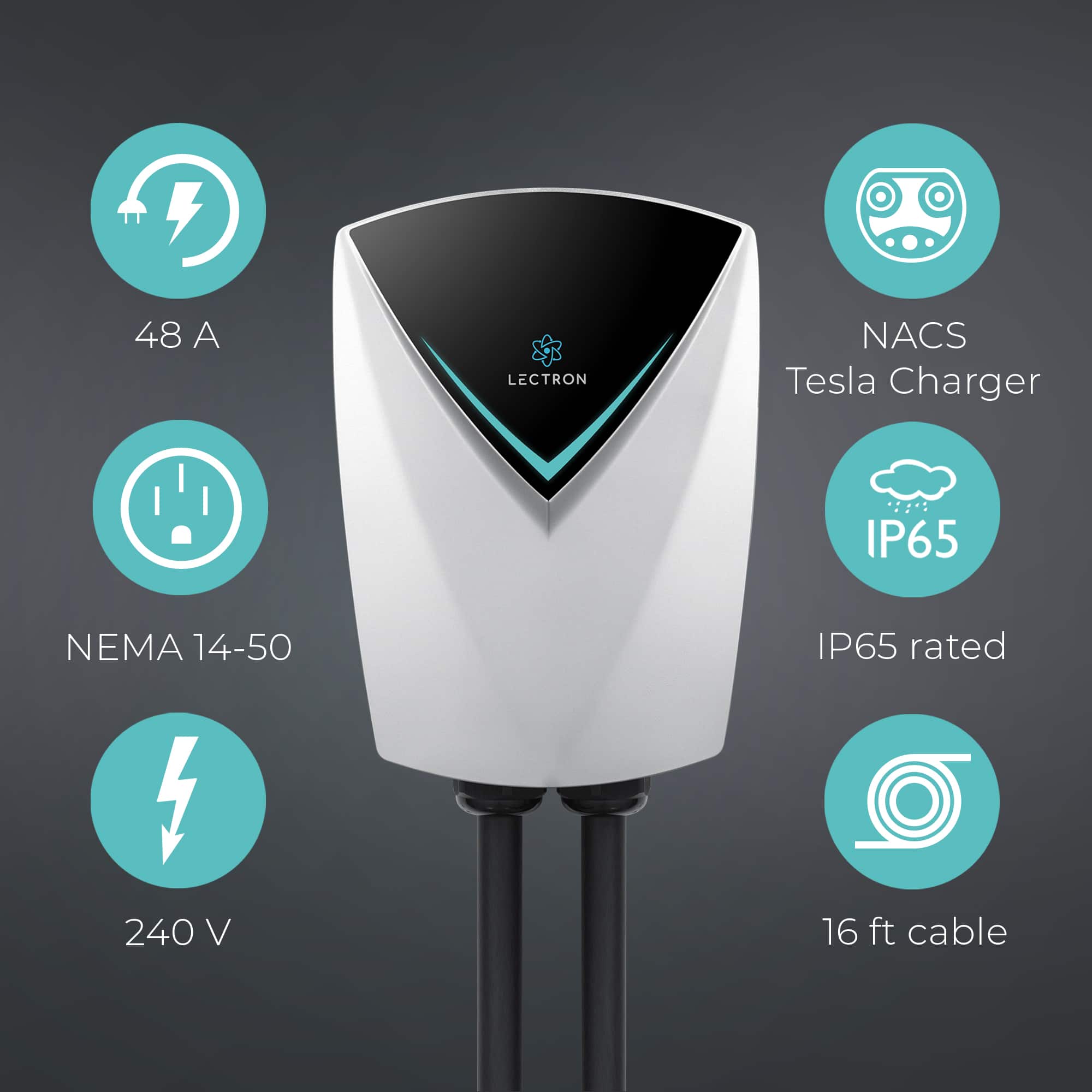 The text on the image is grouped and corrected as follows:
"48 A LECTRON NACS Tesla Charger IP65 NEMA 14-50 IP65 rated 240 V 16 ft cable"
