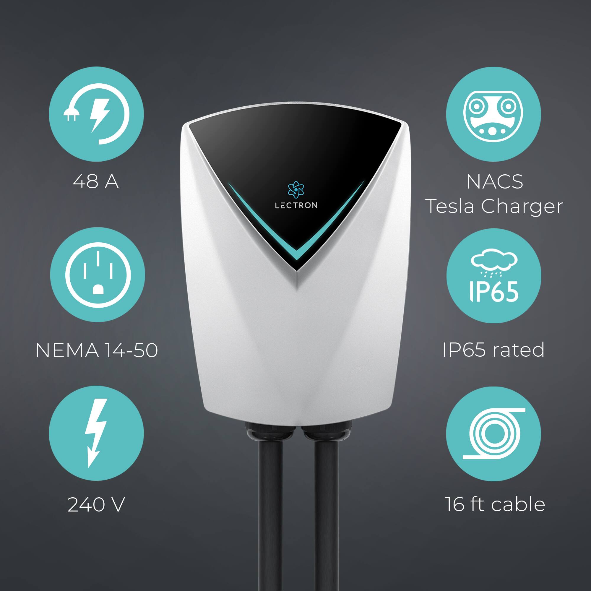 The text on the image is grouped and corrected as follows:

"48 A LECTRON NACS Tesla Charger IP65 NEMA 14-50 IP65 rated 240 V 16 ft cable"