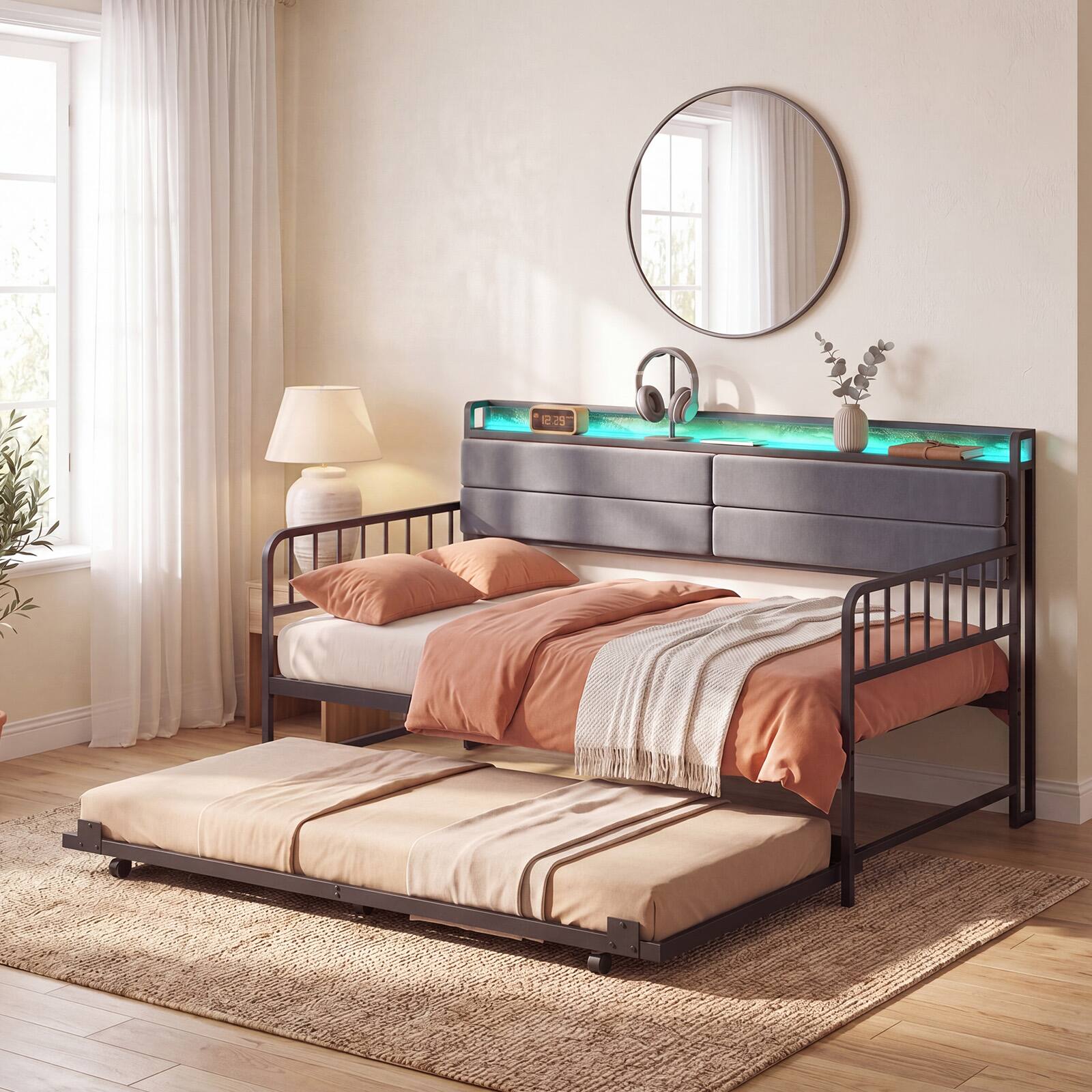 Alt View 1. Costway - Costway Daybed with Trundle LED Lights Charging Station Upholstered Storage Headboard - Rustic Brown & Black.