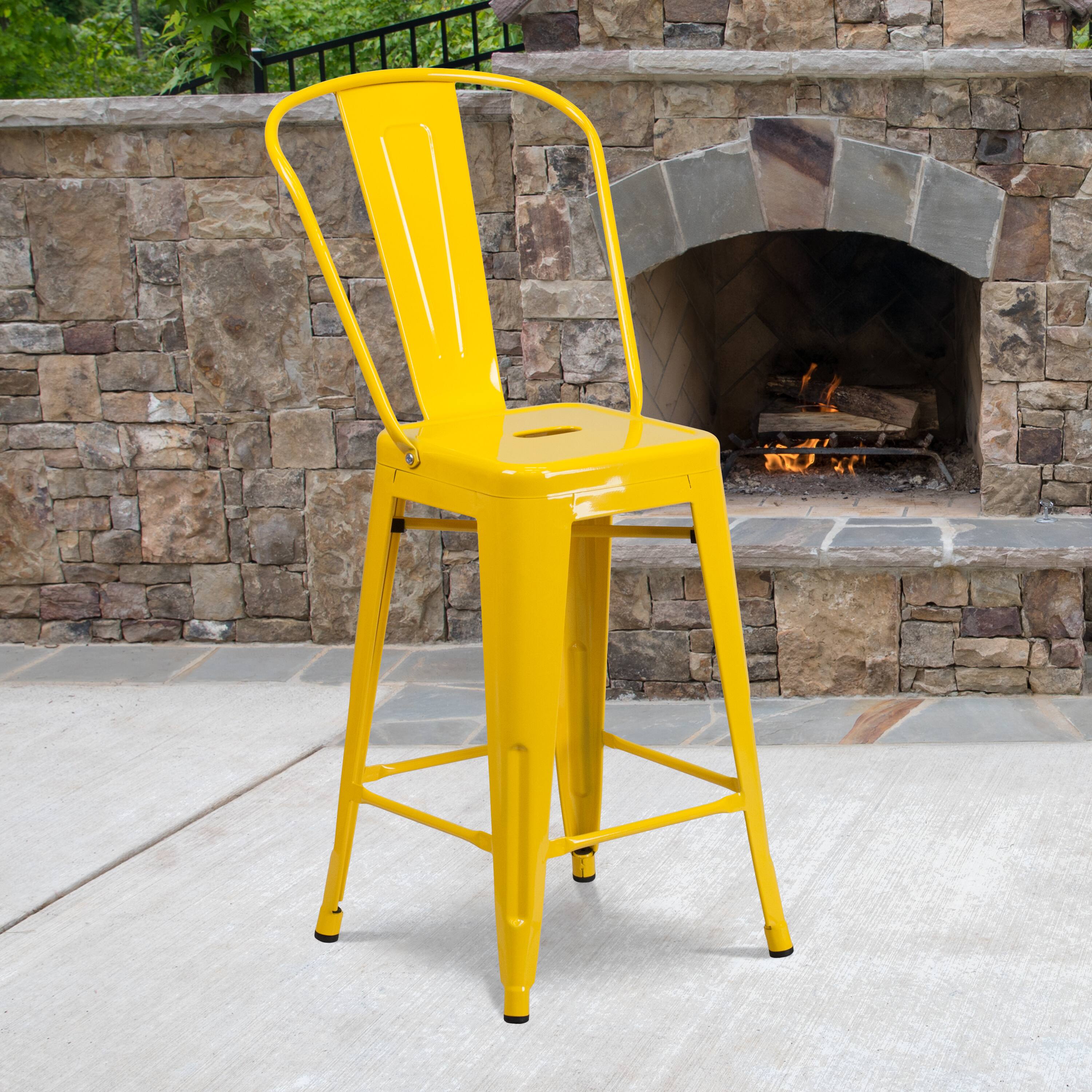 Alt View 2. Emma + Oliver - Commercial Grade 4 Pack 24" High Metal Indoor-Outdoor Counter Height Stool with Back - Yellow.