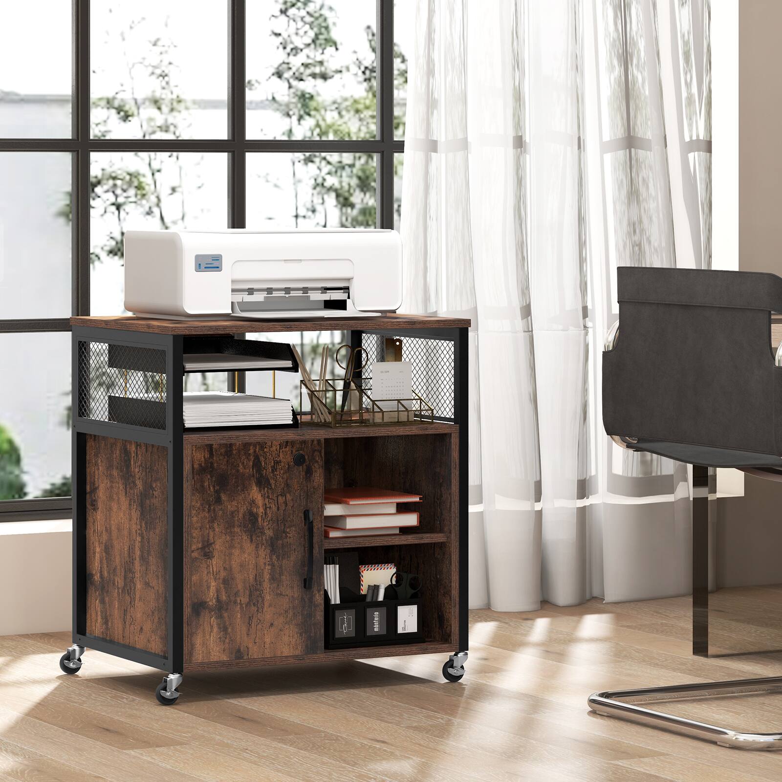 Alt View 8. Ecooso - Mobile File Cabinet with Charging Station, Cable Management and Rolling Wheels for Home Office Storage - Brown.