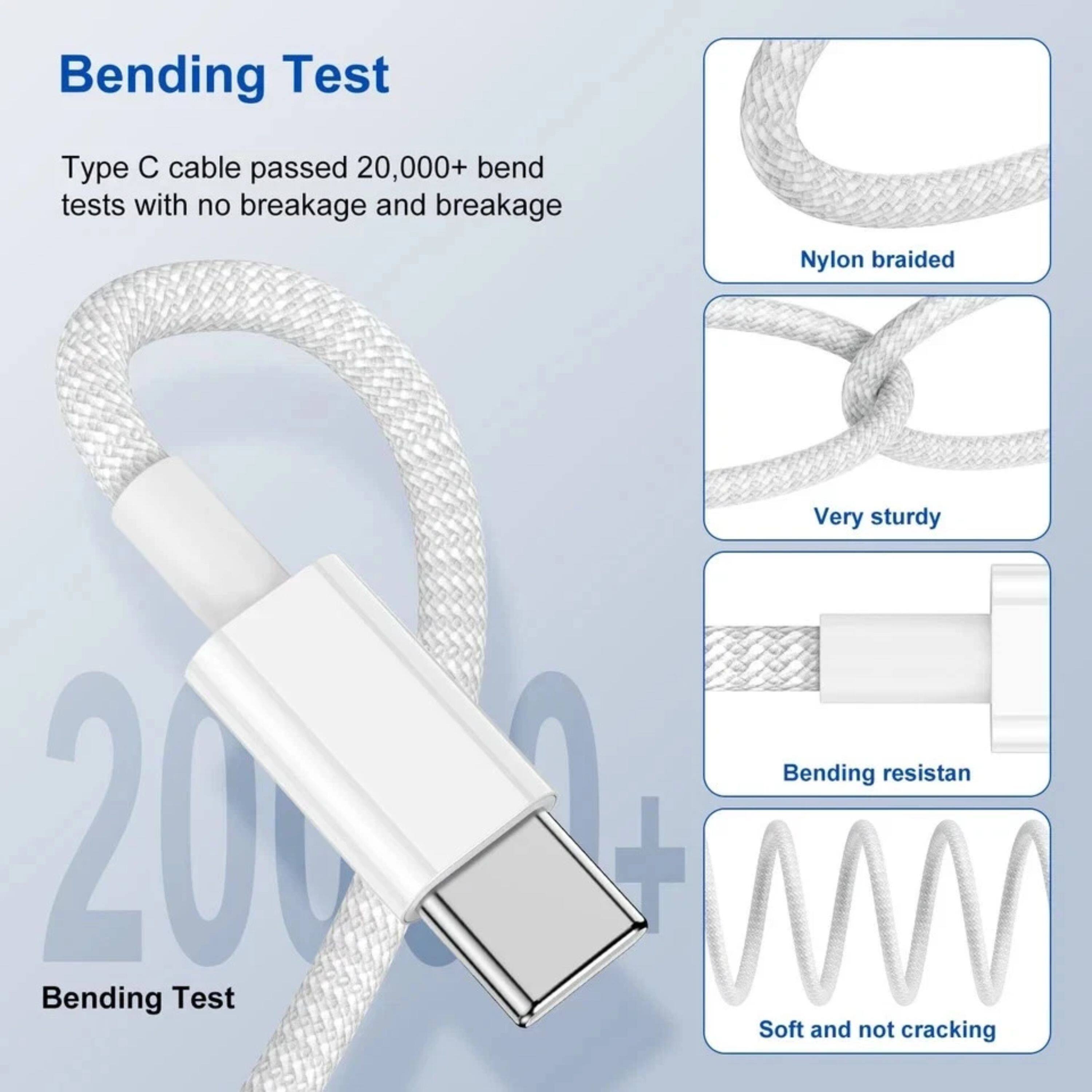 Bending Test

Type C cable passed 20,000+ bend tests with no breakage and breakage

Nylon braided

Very sturdy

Bending resistant

Soft and not cracking
