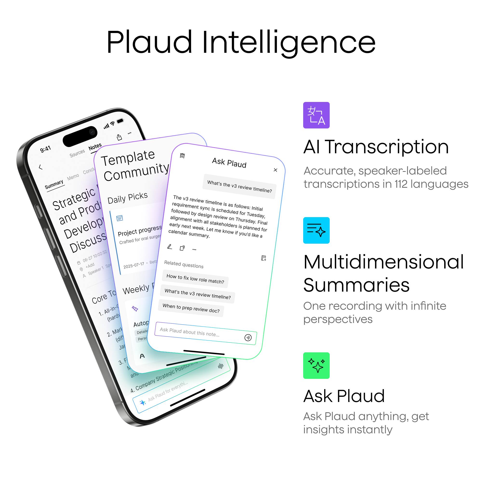 Plaud Intelligence

AI Transcription  
Accurate, speaker-labeled transcriptions in 112 languages

Multidimensional Summaries  
One recording with infinite perspectives

Ask Plaud  
Ask Plaud anything, get insights instantly

---

**Template Community**  
Strategic and Product Discussion  
Daily Picks  
Project progress  
Weekly  
Core Team  
Autopilot  
A

**Ask Plaud**  
What's the v3 review timeline?  
The v3 review timeline is as follows: Initial sync is scheduled for Tuesday, alignment with all stakeholders is planned for Thursday. Final calendar next week. Let me know if you'd like a summary.  
How to fix low role match?  
What's the v3 review timeline?  
When to prep review doc?  
Ask Plaud about this note...  
Company Strategic Positioning  
Ask Plaud for everything.