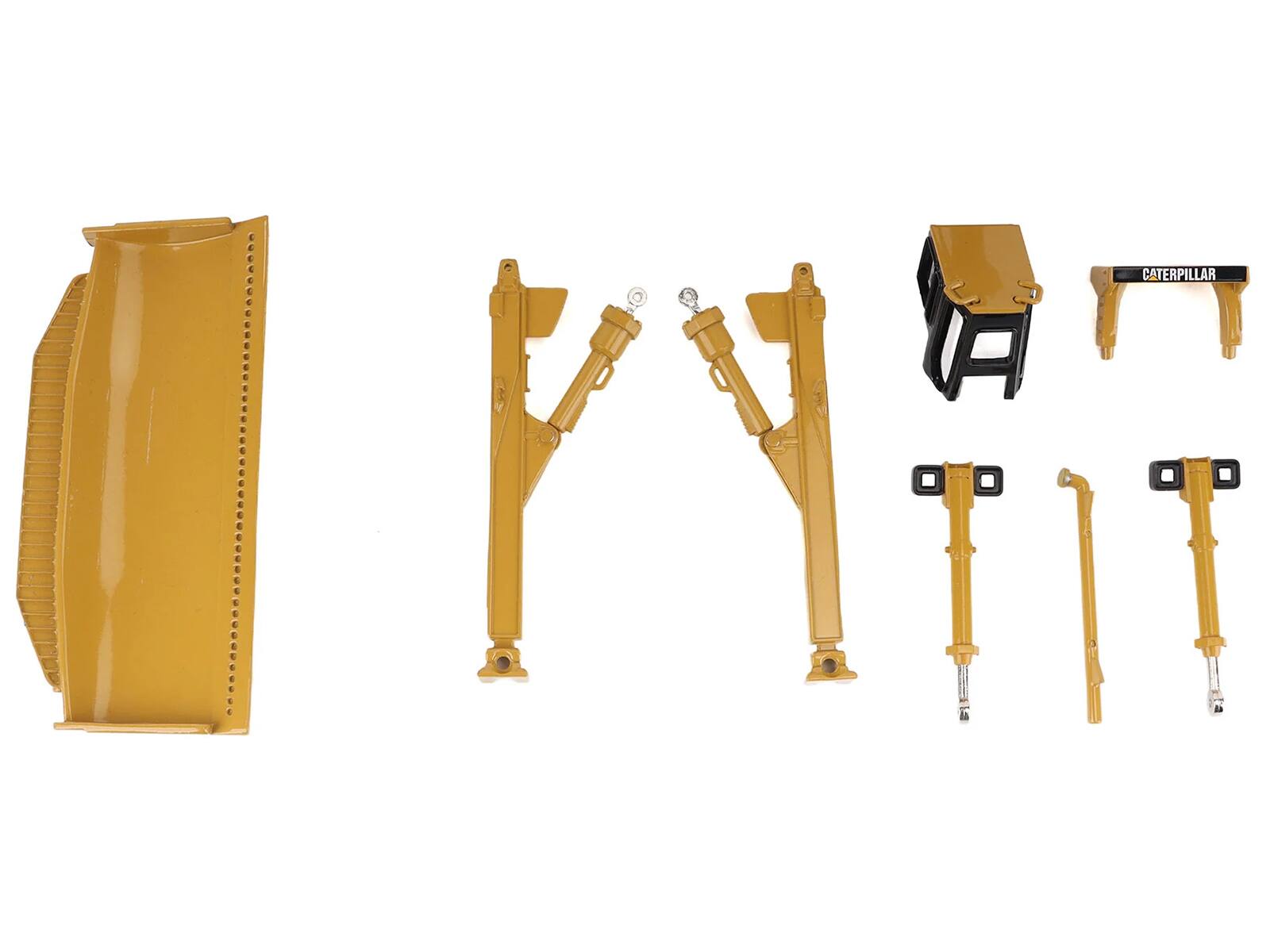 Left. Diecast Masters - Kenworth T880 Day Cab Red with Trail King TK120 Lowboy Trailer and CAT D11R Dozer Components Load 1/50 Transport Series - Red, Yellow, Black.