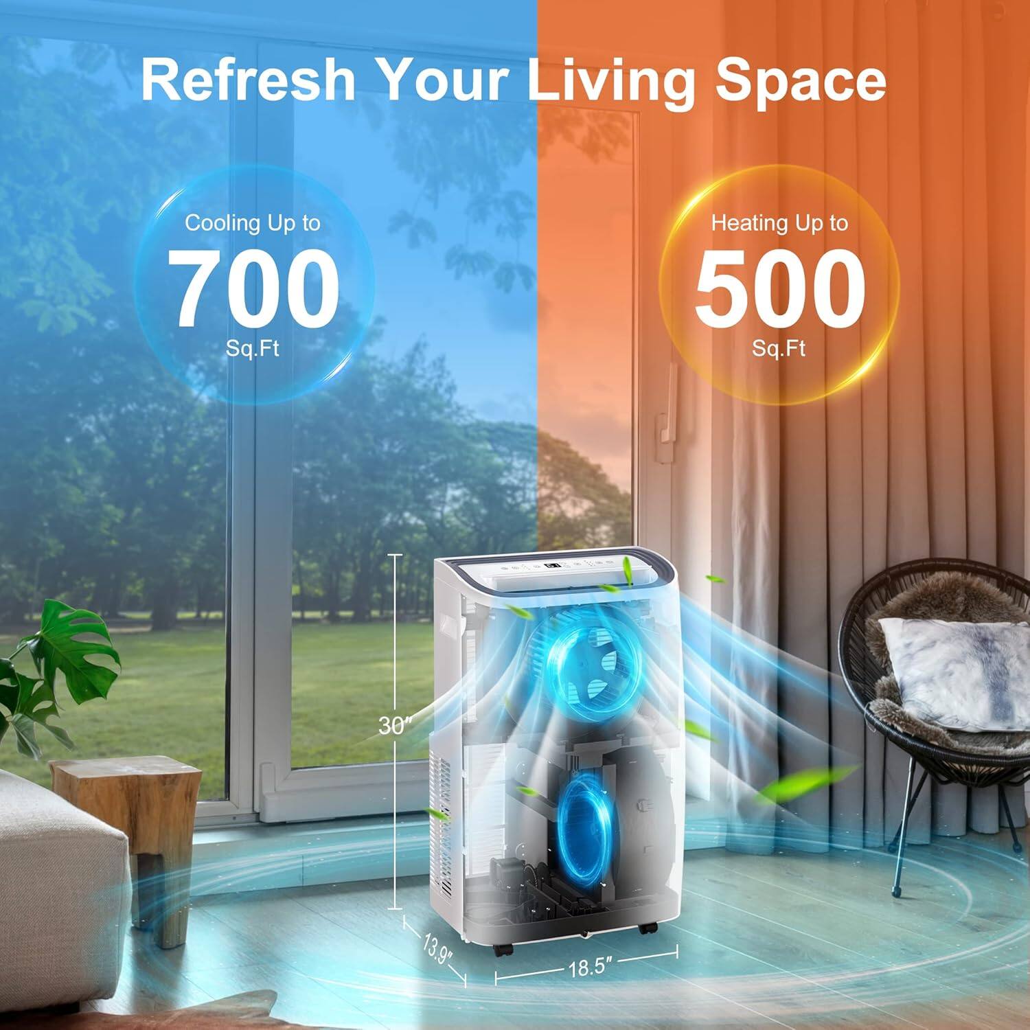 Refresh Your Living Space  
Cooling Up to 700 Sq.Ft  
Heating Up to 500 Sq.Ft  
30"  
13.9"  
18.5"