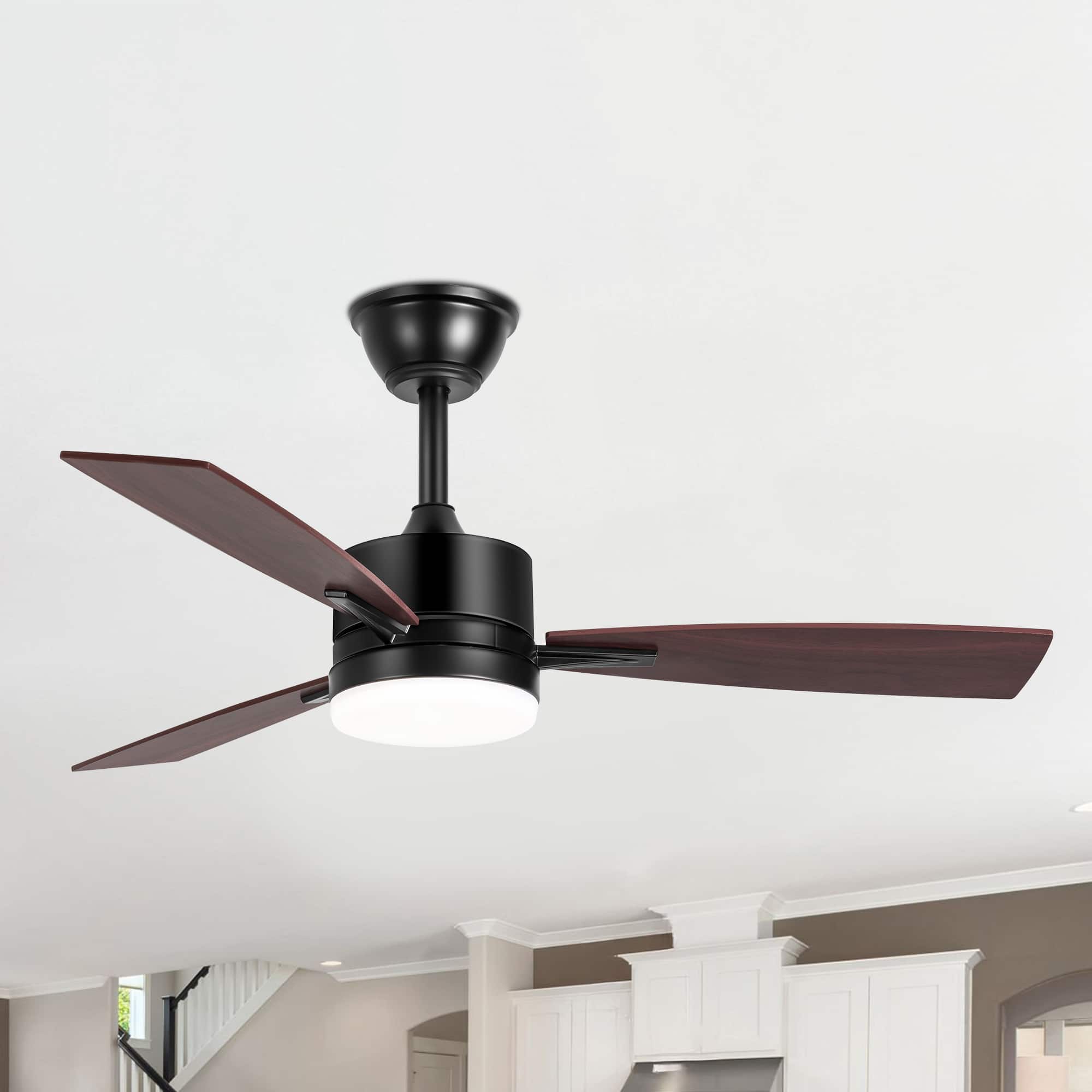 Breezary - 42 Inch Modern Ceiling Fan with LED Light, Reversible 3-Blade Dual Finish, 3-Color Temperature, Remote, 2 Downrods - matte black and walnut