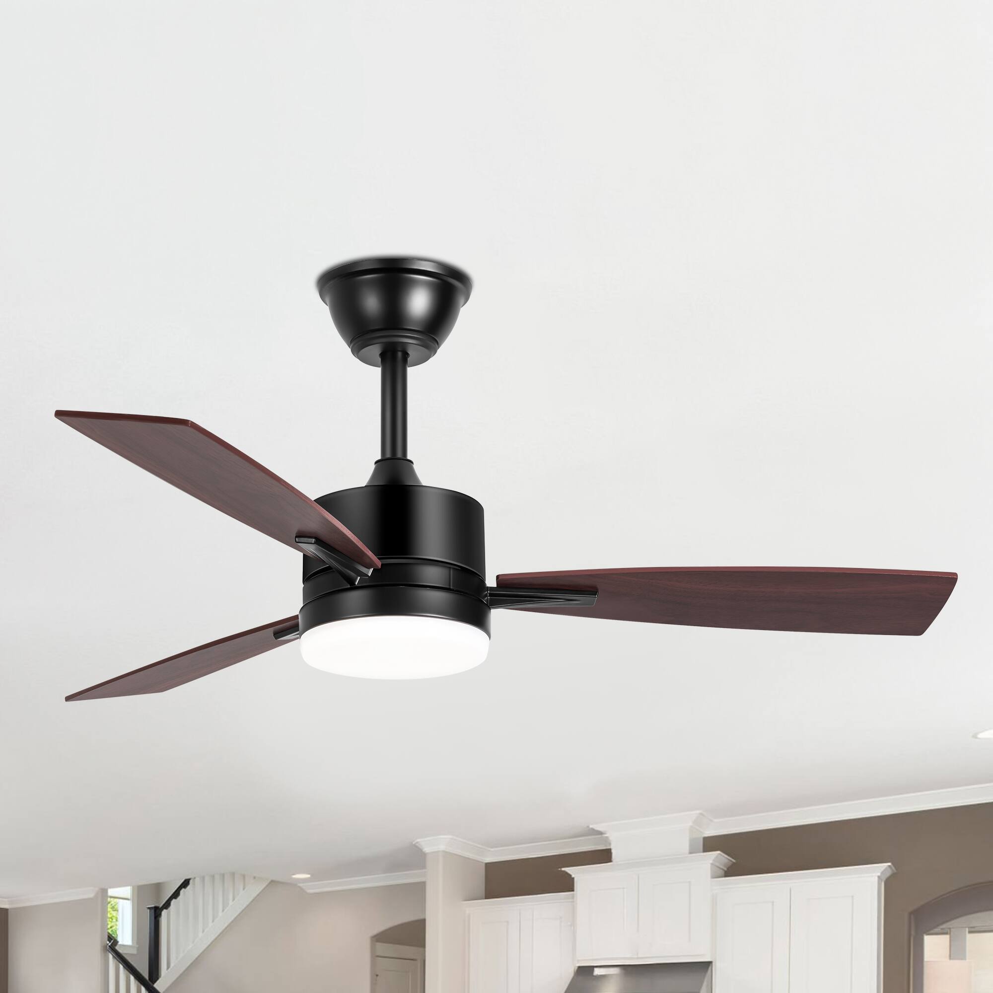 Breezary - 42 Inch Modern Ceiling Fan with LED Light, Reversible 3-Blade Dual Finish, 3-Color Temperature, Remote, 2 Downrods - matte black and walnut