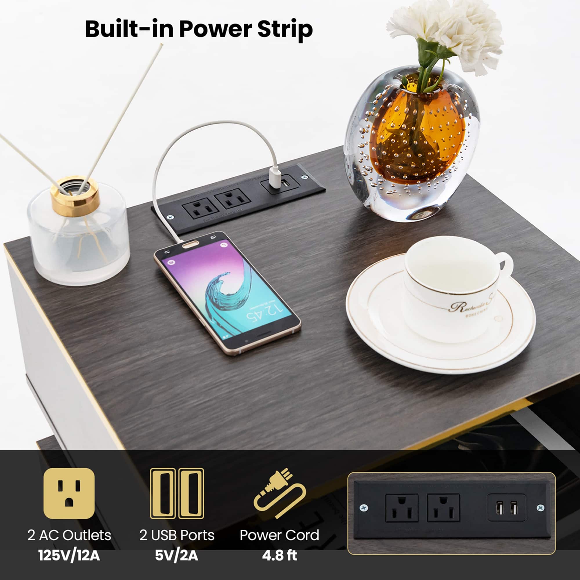 Built-in Power Strip: 2 AC Outlets, 125V/12A, 2 USB Ports (5V/2A), Power Cord (4.8ft).