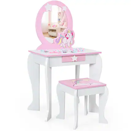 Front. Costway - Costway Kids Vanity Makeup Dressing Table Chair Set Wooden W/ Mirror Drawer - White.