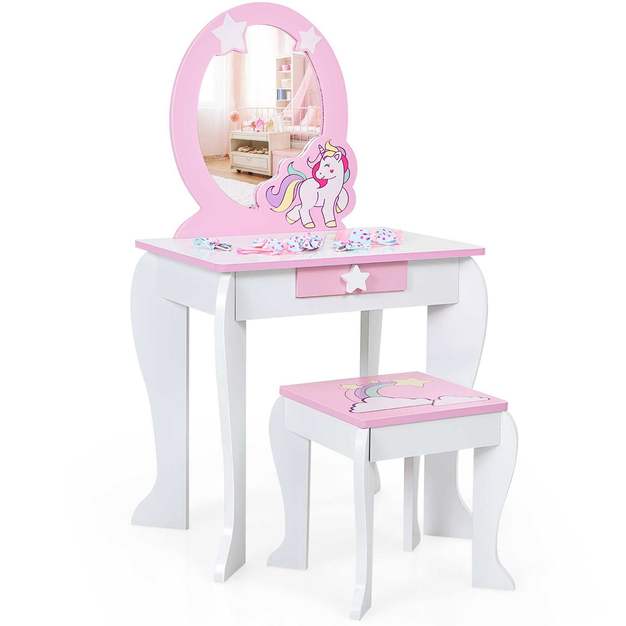 Front. Costway - Costway Kids Vanity Makeup Dressing Table Chair Set Wooden W/ Mirror Drawer - White.