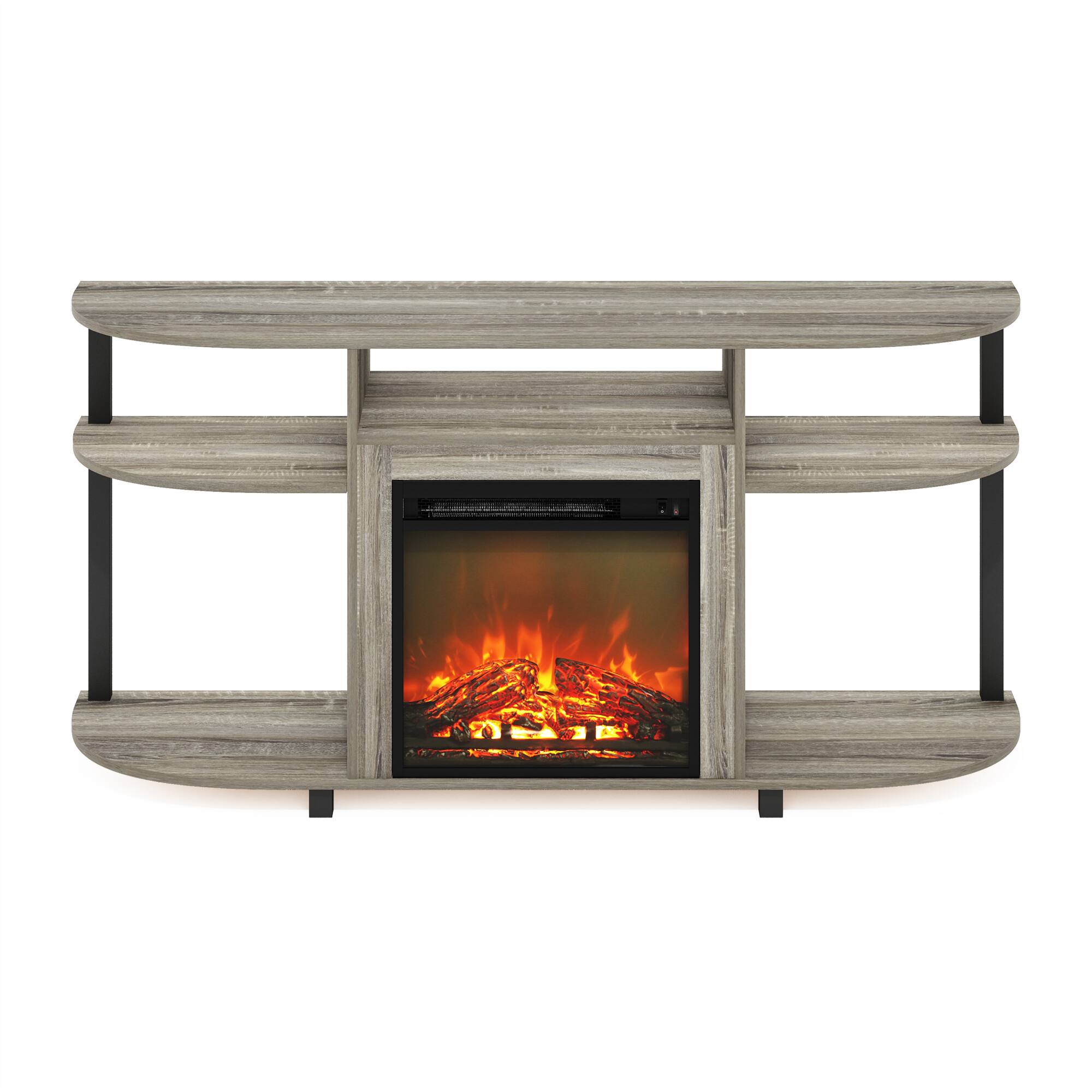Alt View 2. Furinno - Jensen Open Storage Curved Entertainment Center Stand with Fireplace for TV up to 55 Inch - French Oak Grey.