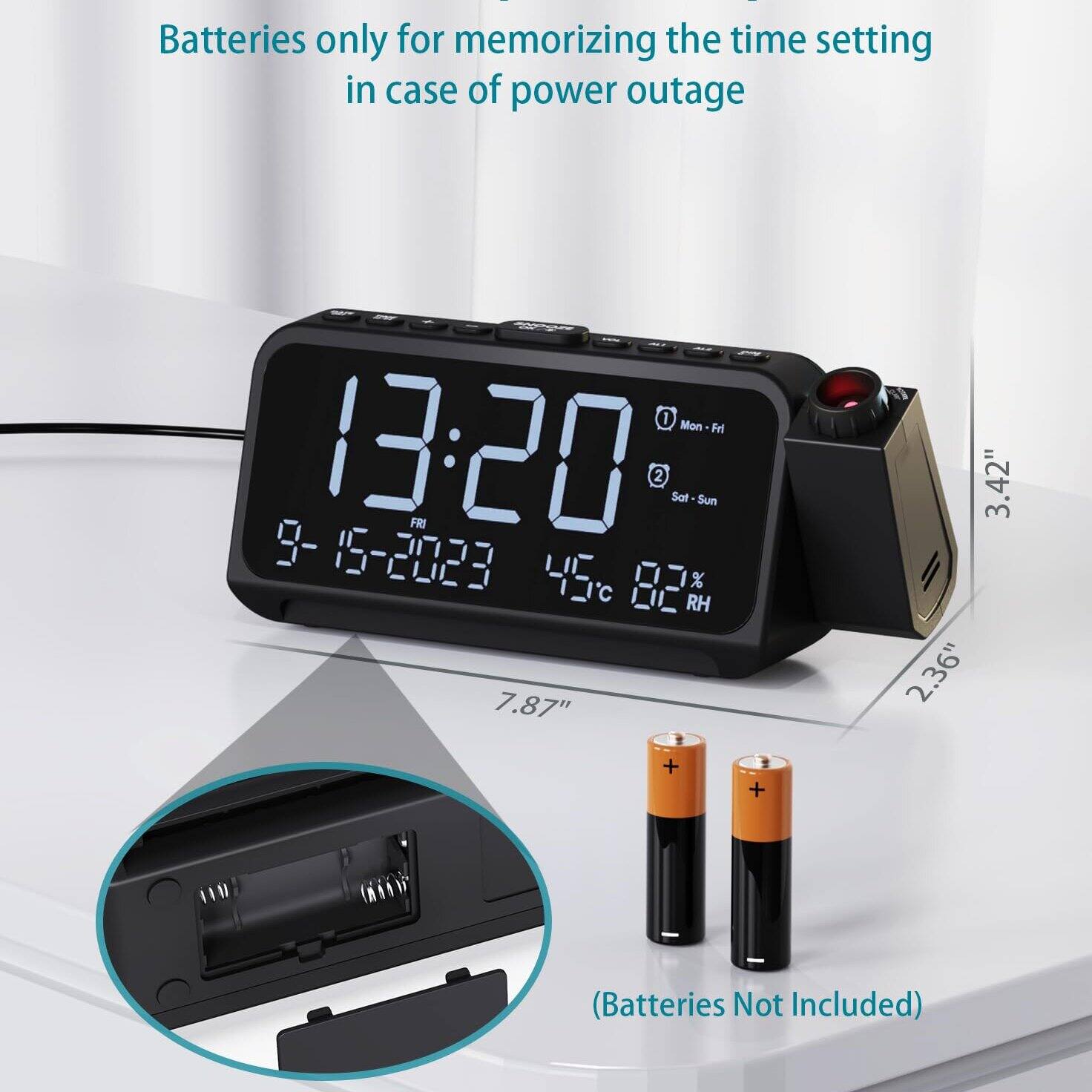 Batteries only for memorizing the time setting in case of power outage

13:20  
Fri 9-15-2023  
45°F  
82% RH

Mon - Fri  
Sat - Sun

(Batteries Not Included)