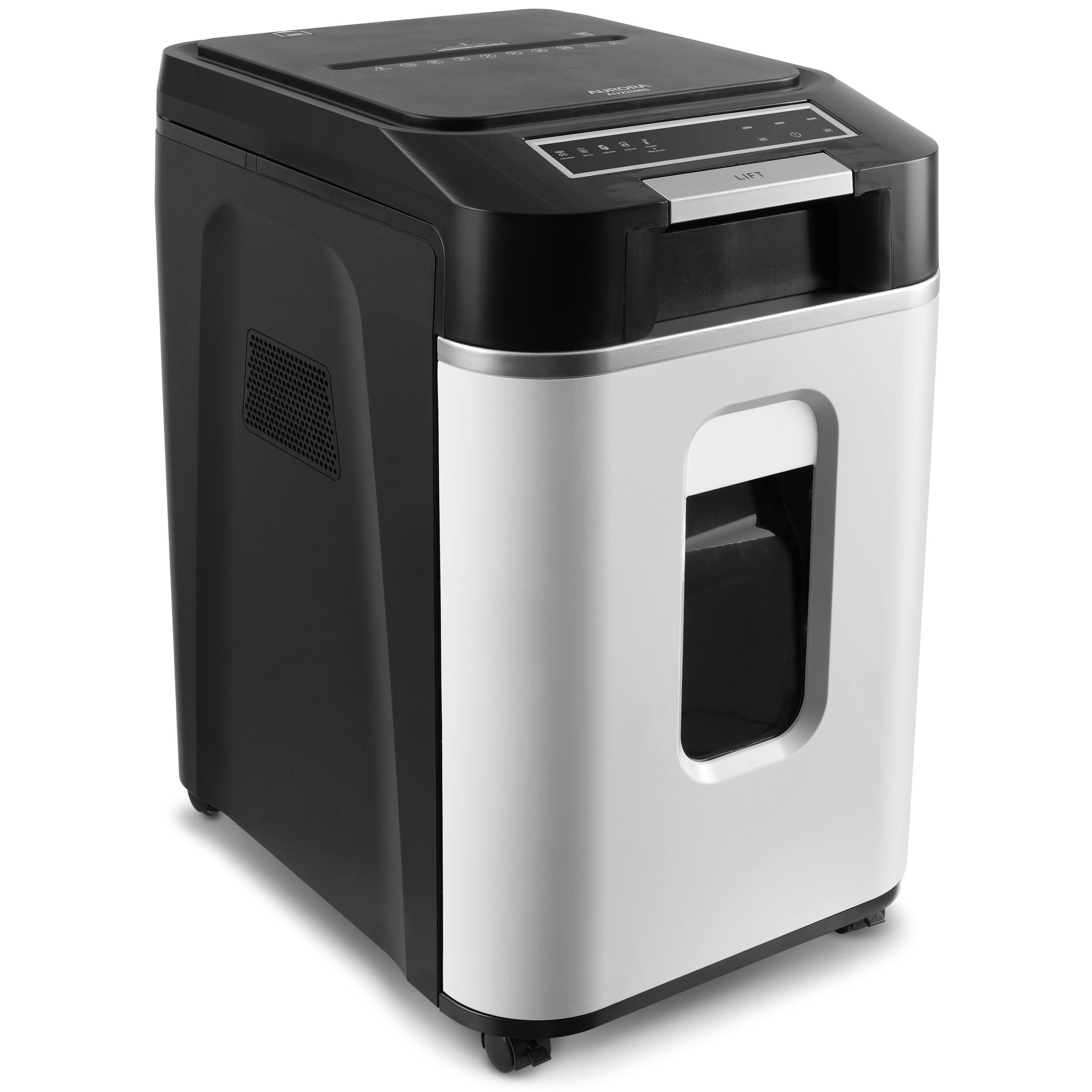 Left. Aurora - Aurora AU220MB Commercial Grade 220-Sheet Auto Feed High Security Micro-Cut Paper Shredder/ 60 Minutes/ Level P-5 - White/Black.