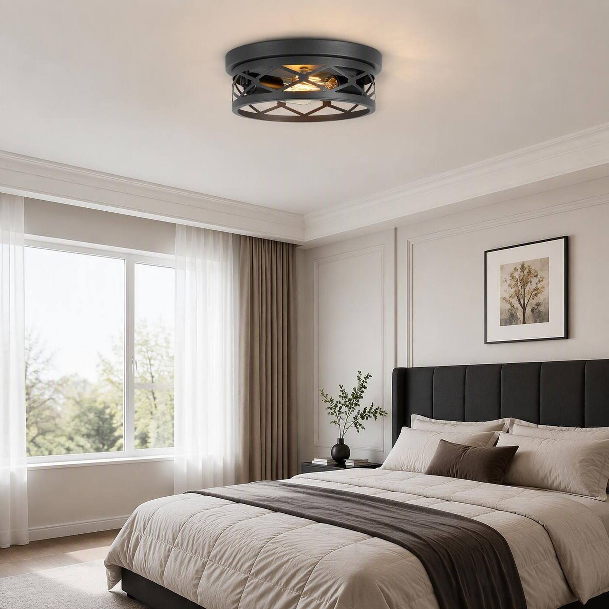 Back. RYHNUYNE - 2-Pack Matte Black Industrial Flush Mount Ceiling Light with Crisscross Metal Cage, Sealed Canopy, E26 Sockets.