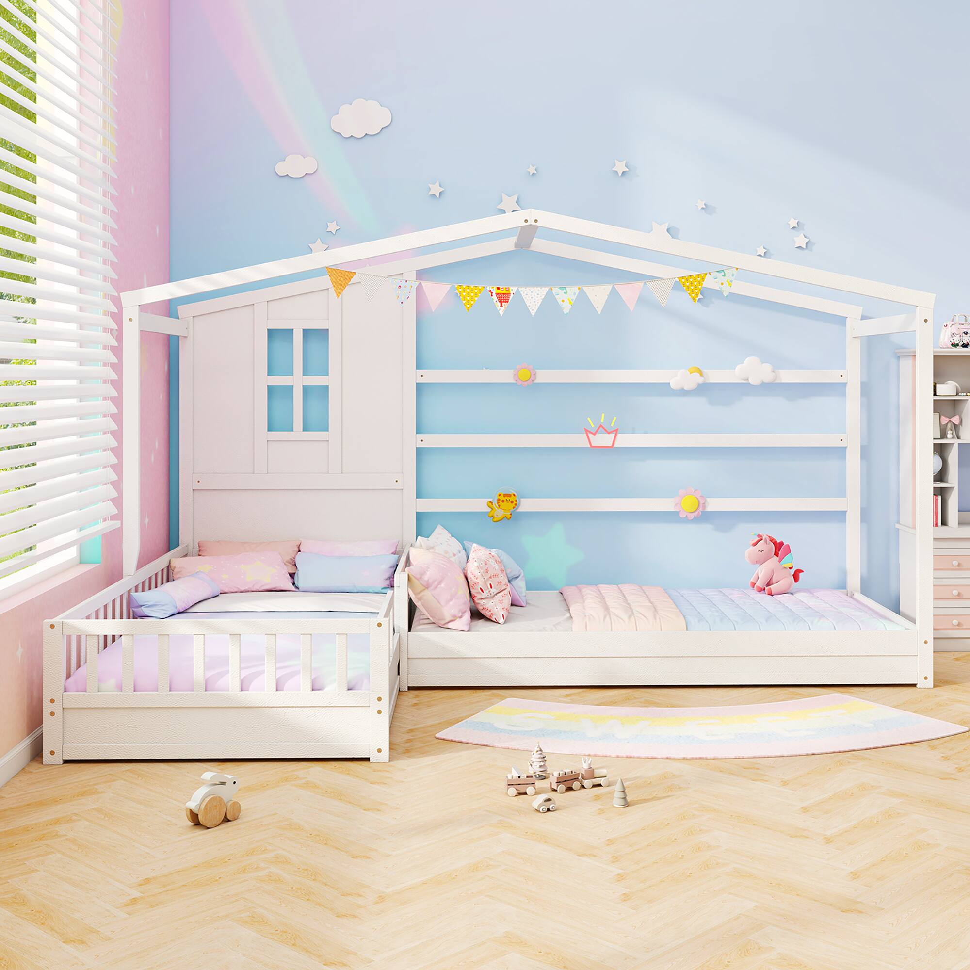 Alt View 1. Gymax - Gymax L-shaped Double Twin Beds House Platform Beds w/ Window & Fences ray White - White.