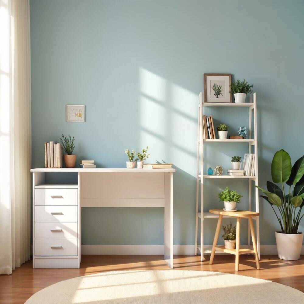 Alt View 1. FurniFact - White Desk with 4 Drawers - Modern Office Desk for Storage and Productivity - White.
