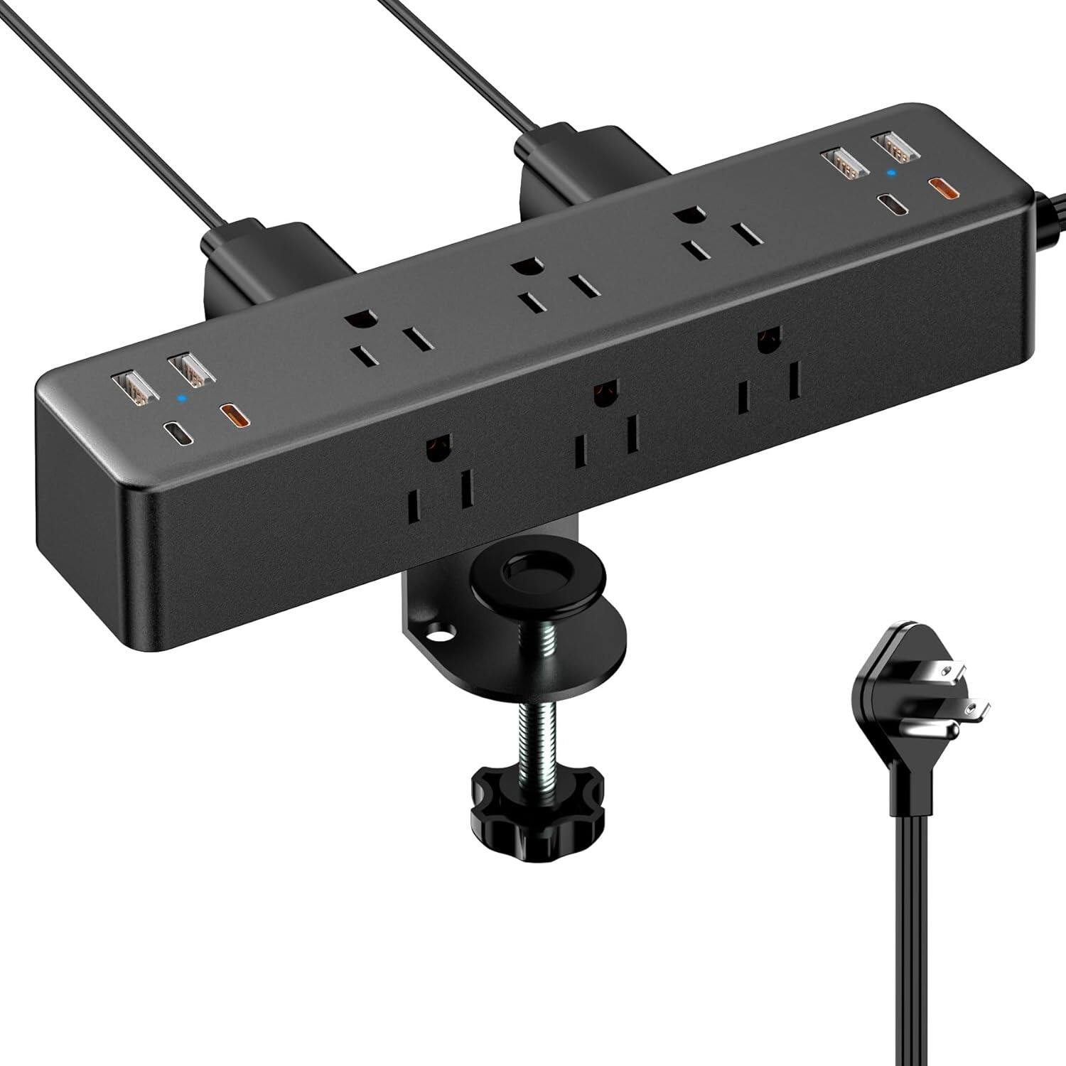 PARKER SLATER - Flat Plug Desk Clamp Power Strip, 10FT Cord, 9 AC Outlets & 8 USB Ports (4 USB-C), 40W Fast Charging, Surge Protector - Black