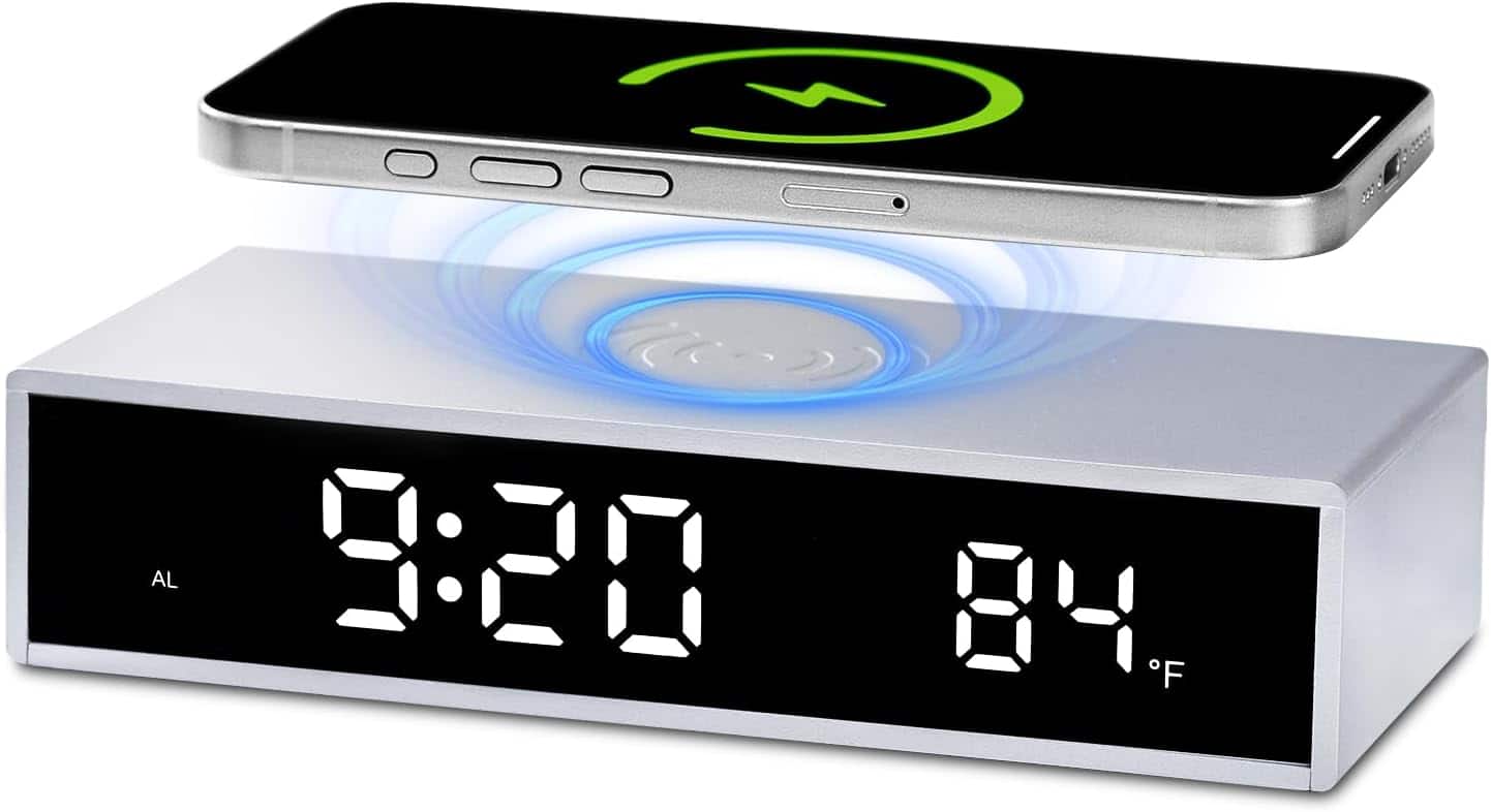 Stamp n Camp - Digital LED Alarm Clock with Wireless Charging,15W Fast Charger for Smart Phone iPhone/Samsung, Nighttime Mode Snooze - Silver