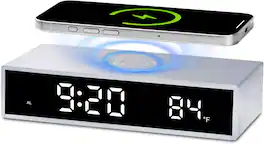 Stamp n Camp - Digital LED Alarm Clock with Wireless Charging,15W Fast Charger for Smart Phone iPhone/Samsung, Nighttime Mode Snooze - Silver