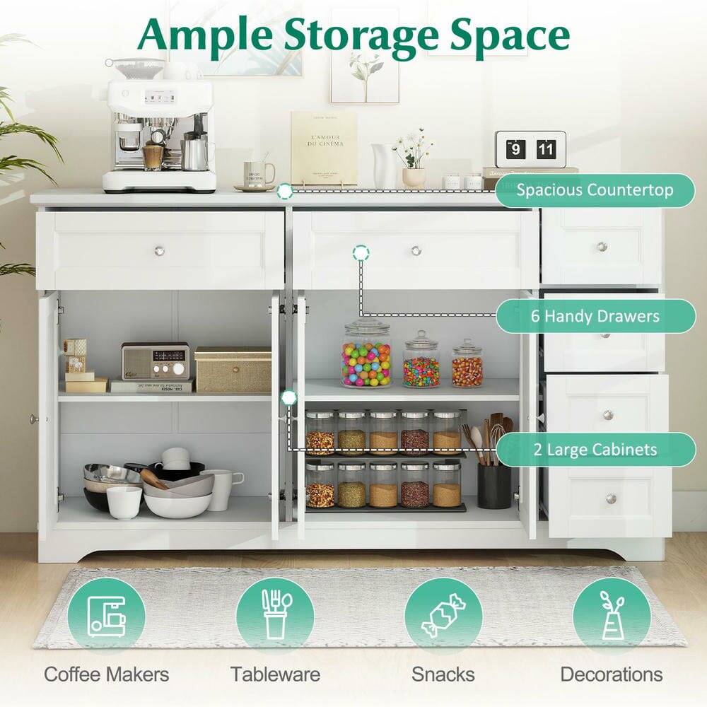 Ample Storage Space  
- Spacious Countertop  
- 6 Handy Drawers  
- 2 Large Cabinets  
- Coffee Makers  
- Tableware  
- Snacks  
- Decorations