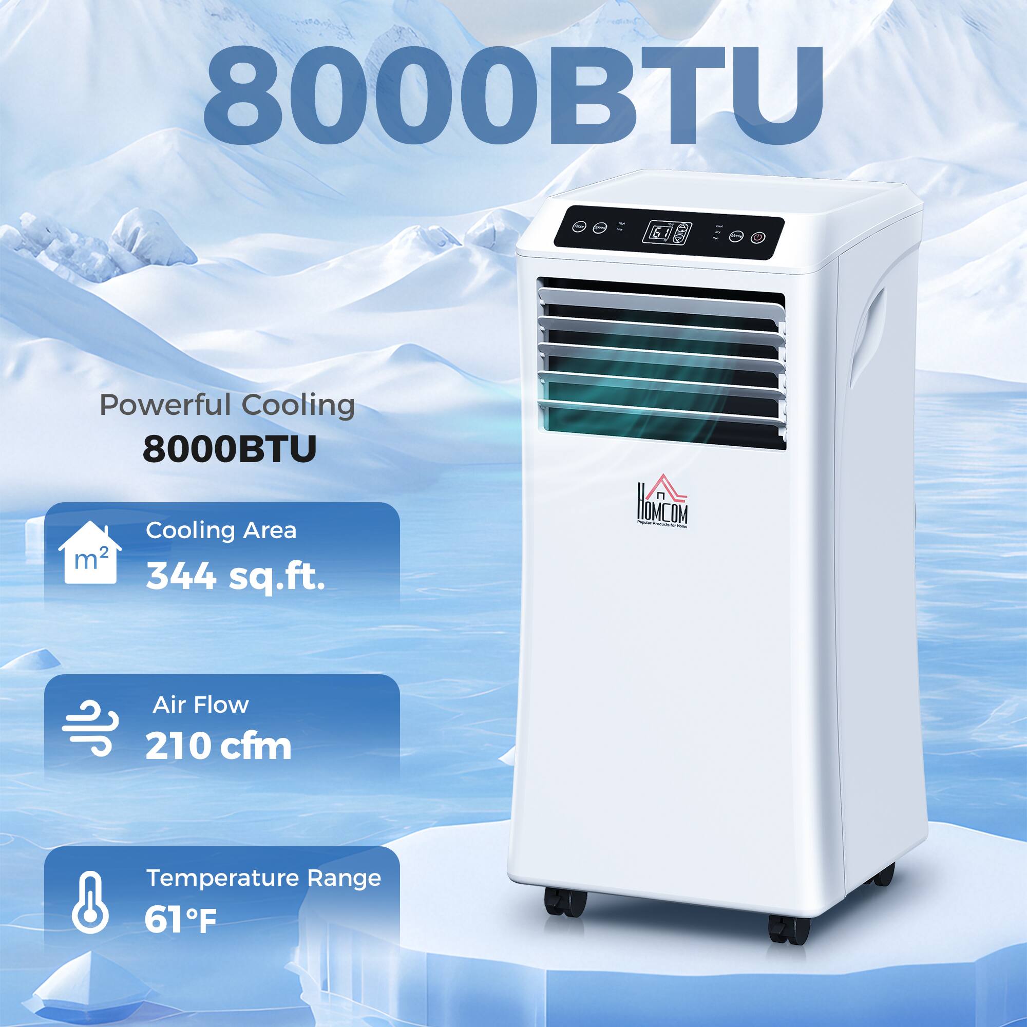 8000BTU  
Powerful Cooling  
8000BTU  
Cooling Area: 344 sq.ft.  
Air Flow: 210 cfm  
Temperature Range: 61°F