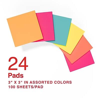 24 Pads  
3" x 3" in assorted colors  
100 sheets/pad