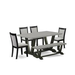 East West Furniture - 6 Pc Kitchen Table Set - A Cement Top Dining Room Table with Wooden Bench and 4 Shitake Linen - Multi-Color