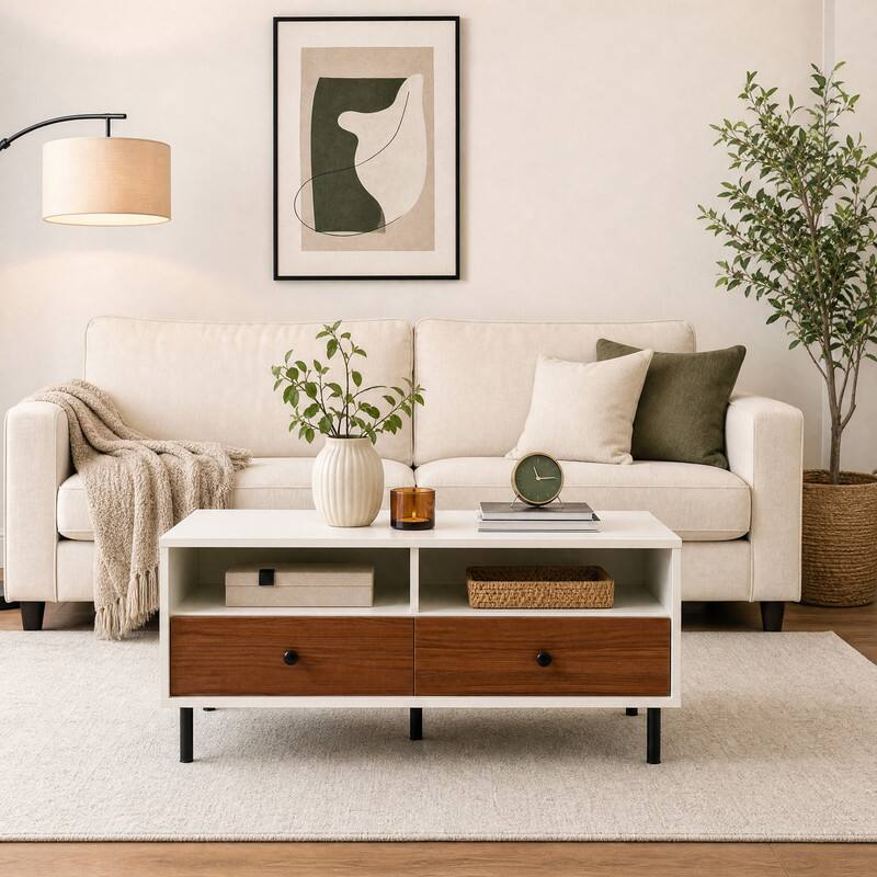 Angle. WELLFOR - 40" Rectangle Coffee Table with Storage Shelf and 2 Drawers, Modern Wood Center Table Cocktail Table for Living Room - White.