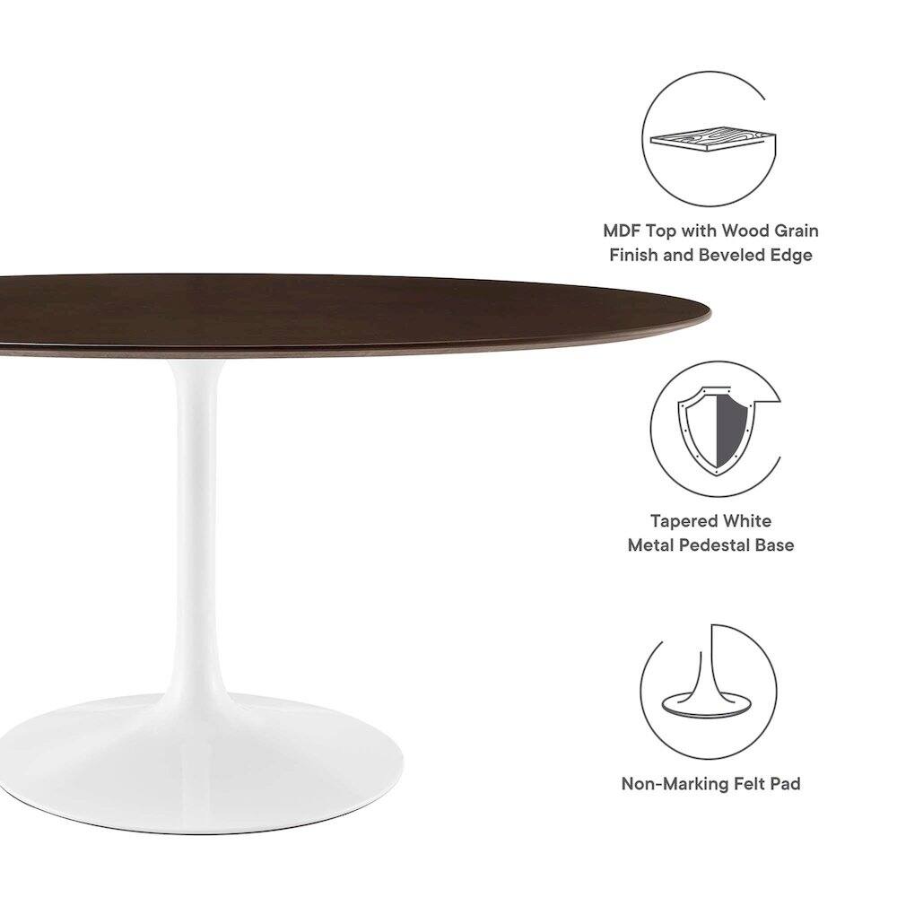 MDF Top with Wood Grain Finish and Beveled Edge  
Tapered White Metal Pedestal Base  
Non-Marking Felt Pad