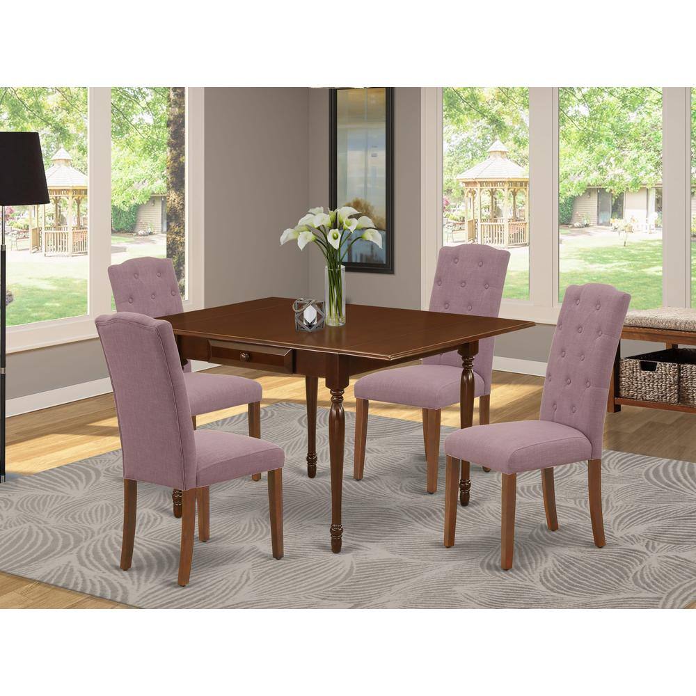 Alt View 4. East West Furniture - 1MZCE5-MAH-10 5Pc Dinette Set Offers a Wood Table and 4 Parsons Dining Chairs with Dahlia Color Linen Fabric, Drop Leaf - Mahogany.