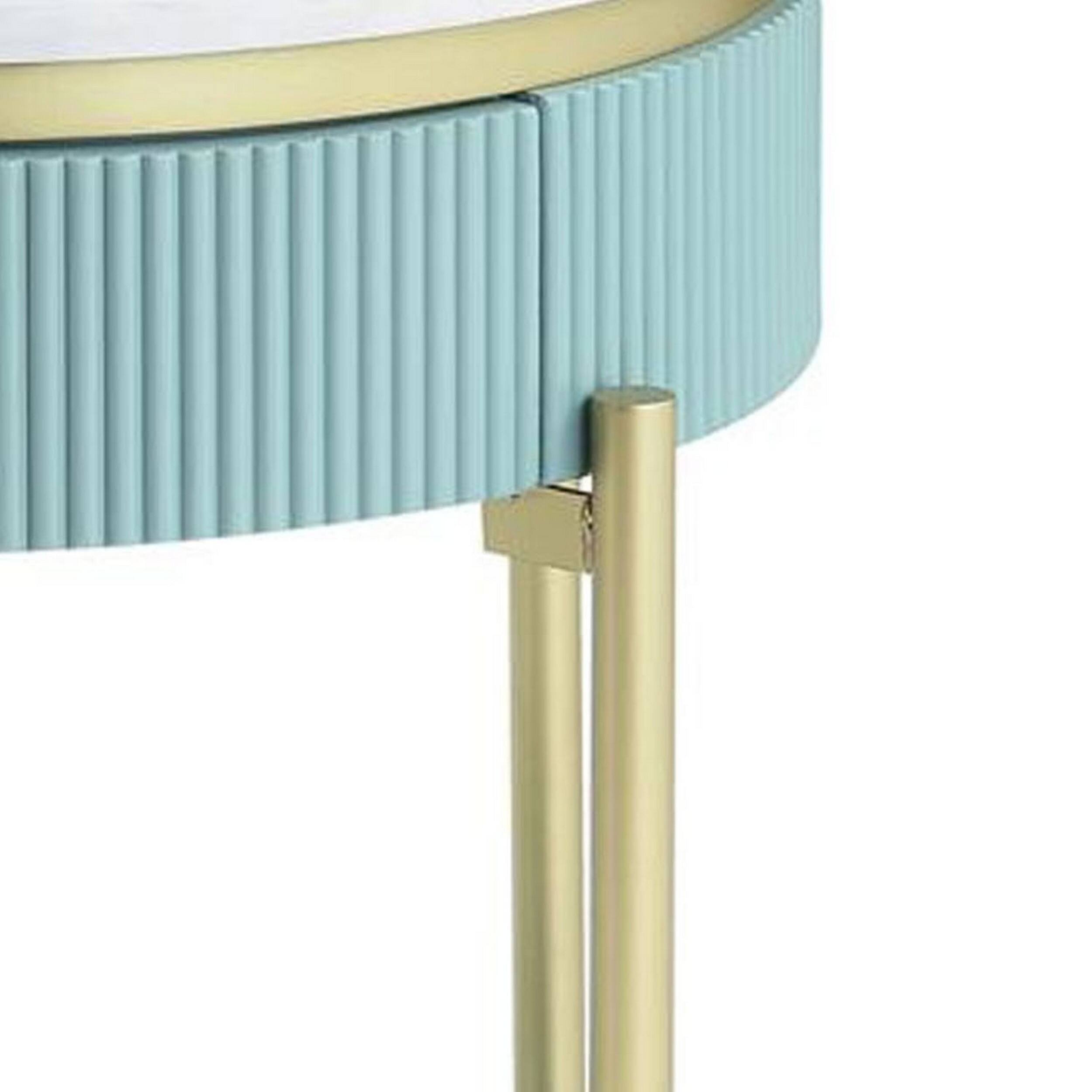Alt View 3. Manhattan Lane - Ville 23 Inch Round Side End Table, White Faux Marble Top, Teal Reeded Edge - White, Teal, Gold.