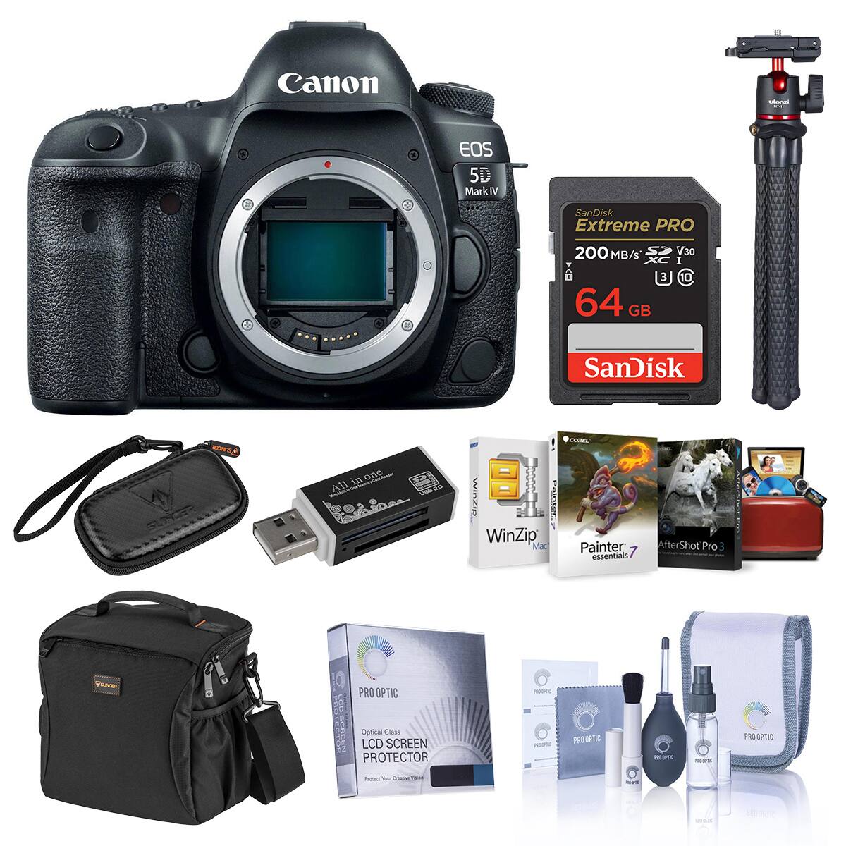 Canon  
Ulanzi  
EOS 5D Mark IV  
SanDisk Extreme PRO  
200 MB/s 64 GB  
V30 I 3 10  
SanDisk  
SON'S  
in one | | | All  
MINIZIM Palates WinZip Mac  
COREL Painter essentials  
AfterShot Pro 3  
VISUNGER  
PRO OPTIC  
Optical Glass LCD SCREEN PROTECTOR  
PRO FIC  
PRO OPTIC  
PRESPTE  
progrod  
PRO OPTIC  
Your Creacies 1,000  
FX  
SPR