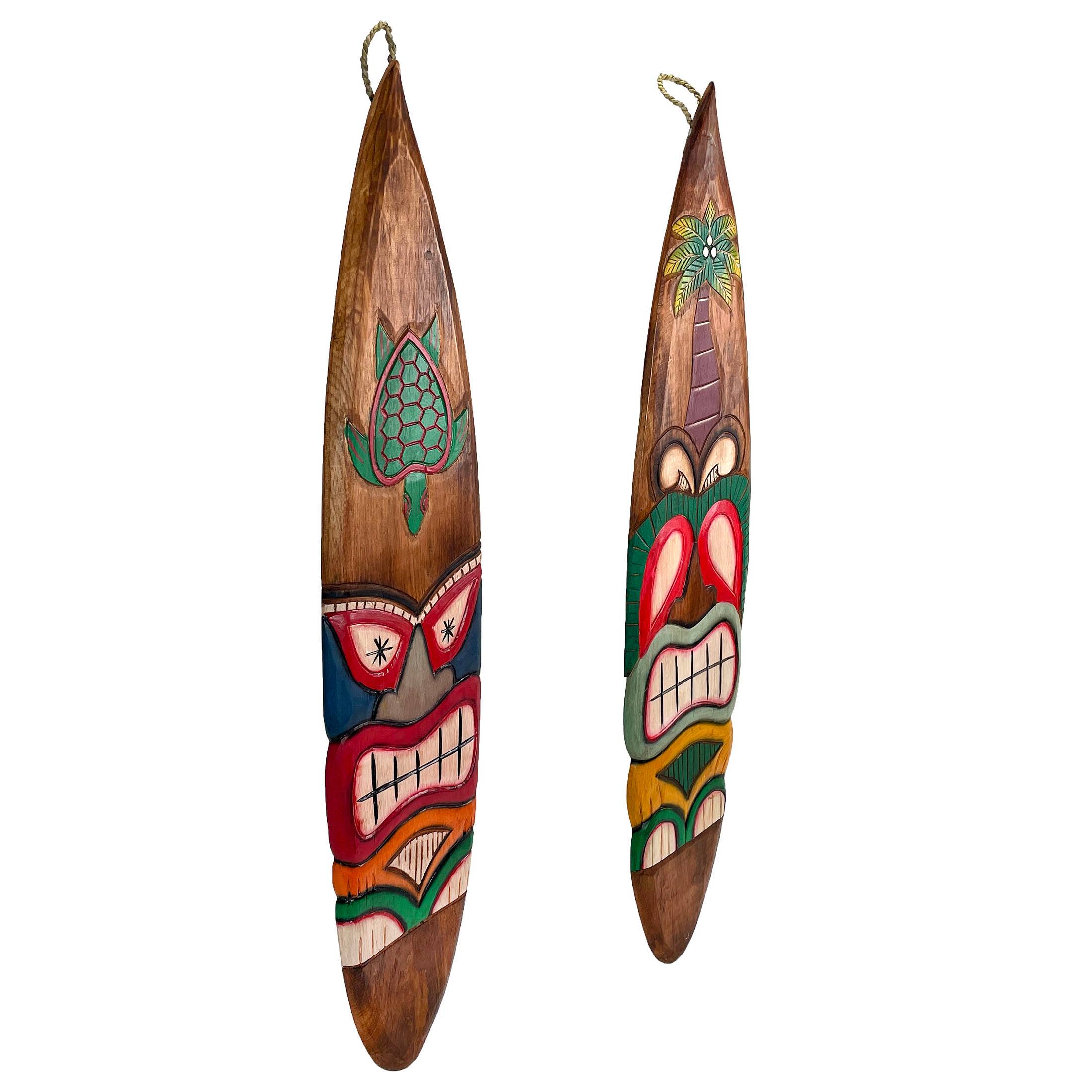 Alt View 1. Chesapeake Bay - Set of 2 Tiki Surfboard Wall Decor 39" Sea Turtle Palm Tree Hand-Carved Art - Multicolored.