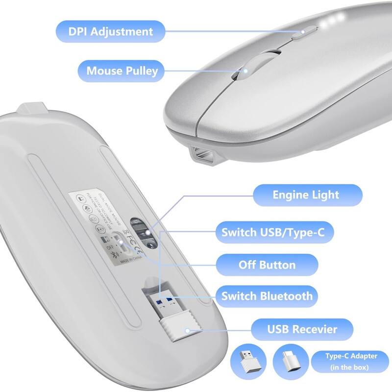 DPI Adjustment  
Mouse Pulley  
Engine Light  
Switch USB/Type-C  
Off Button  
Switch Bluetooth  
USB Receiver  
Type-C Adapter (in the box)