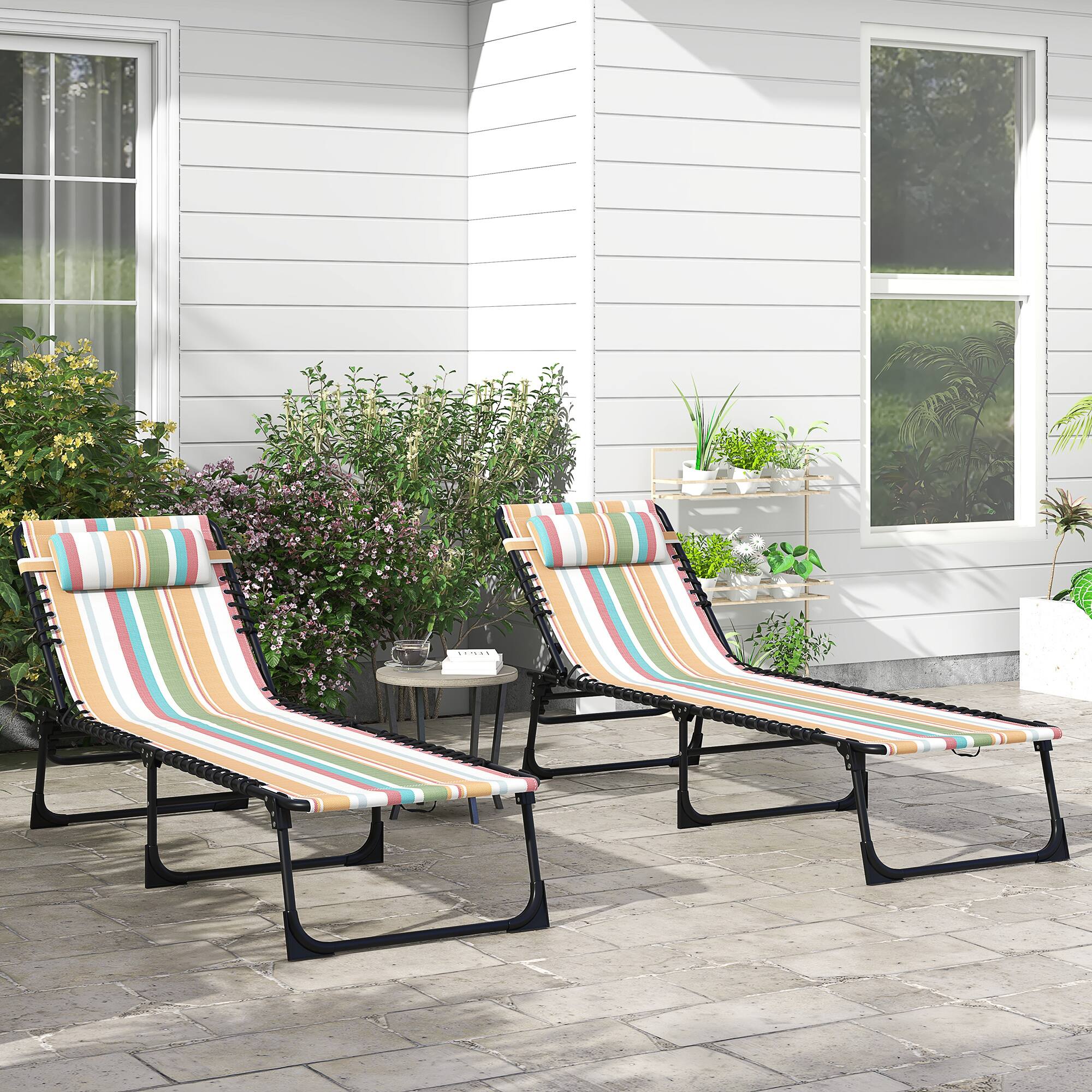 Alt View 1. Outsunny - Folding Chaise Lounge Pool Chairs with 4-Position Reclining Back, Pillow - Rainbow Striped.