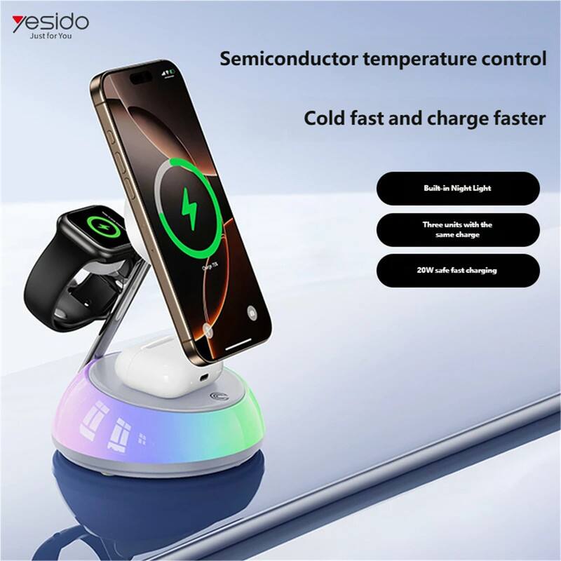 - **yesido**  
  Just for You

- **Semiconductor temperature control**  
  Cold fast and charge faster

- **Built-in Night Light**

- **Three units with the same charge**

- **20W safe fast charging**